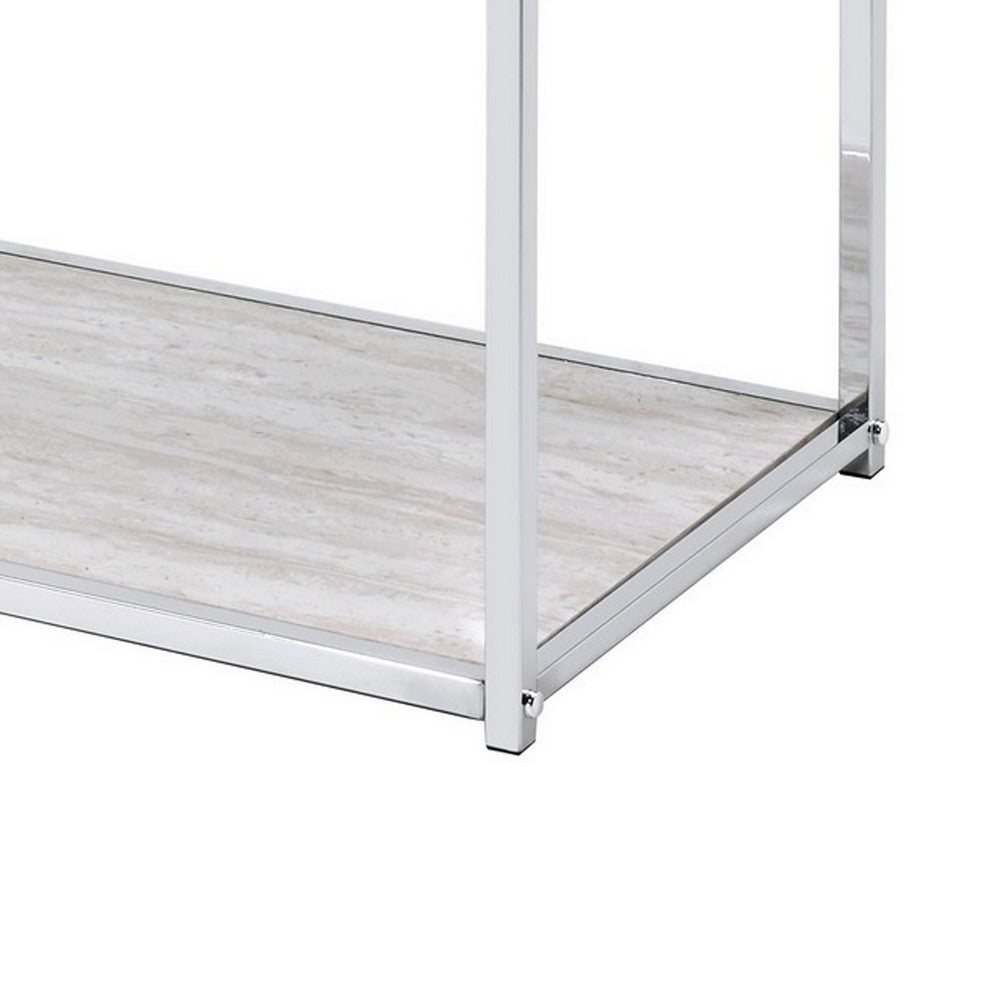 Benjara Mirror Top Metal Console Table with Wooden Open Bottom Shelf, Silver
