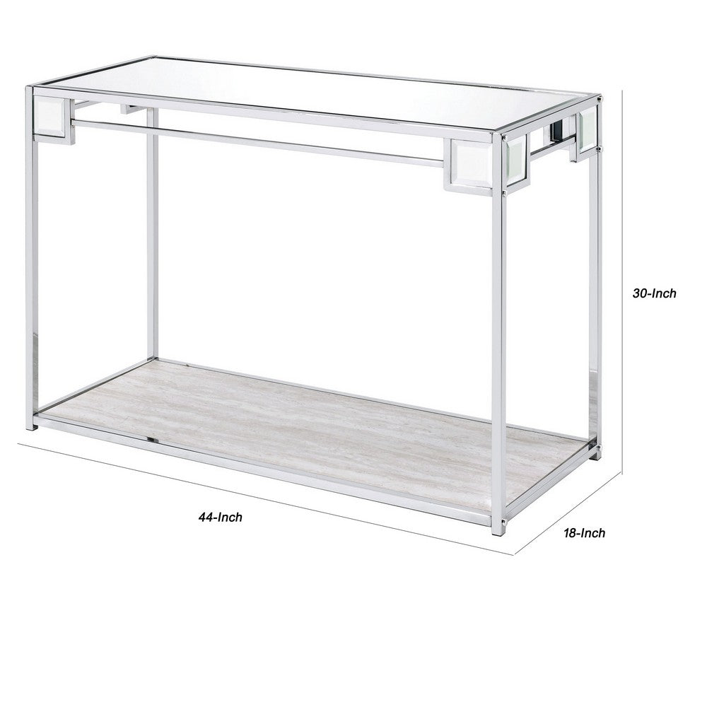 Benjara Mirror Top Metal Console Table with Wooden Open Bottom Shelf, Silver