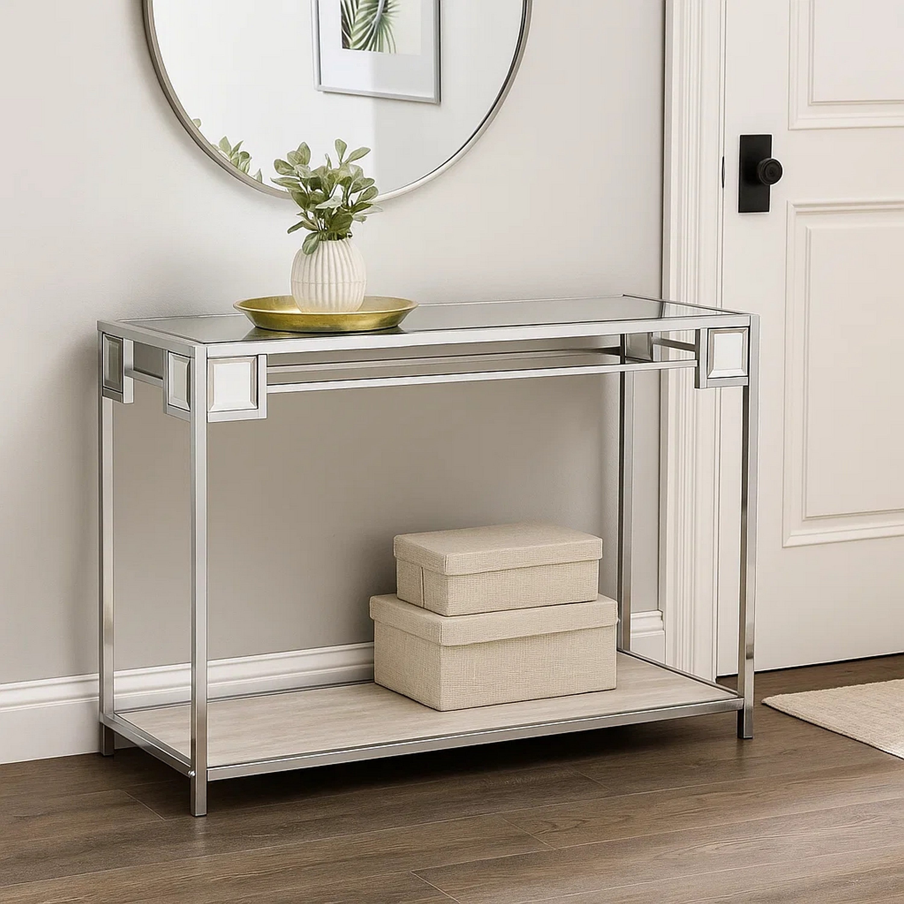 Benjara Mirror Top Metal Console Table with Wooden Open Bottom Shelf, Silver