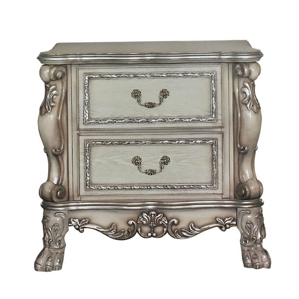Benjara Traditional Wooden Nightstand with 2 Drawers And Carved Details, Silver