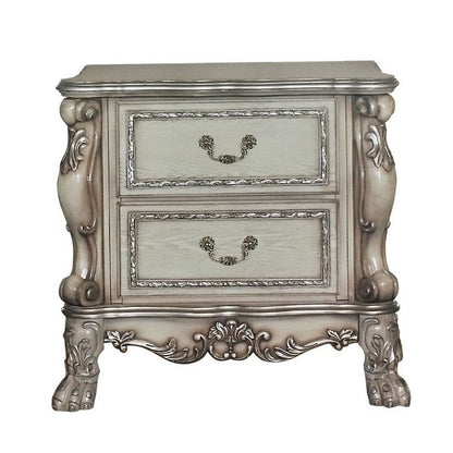 Benjara Traditional Wooden Nightstand with 2 Drawers And Carved Details, Silver