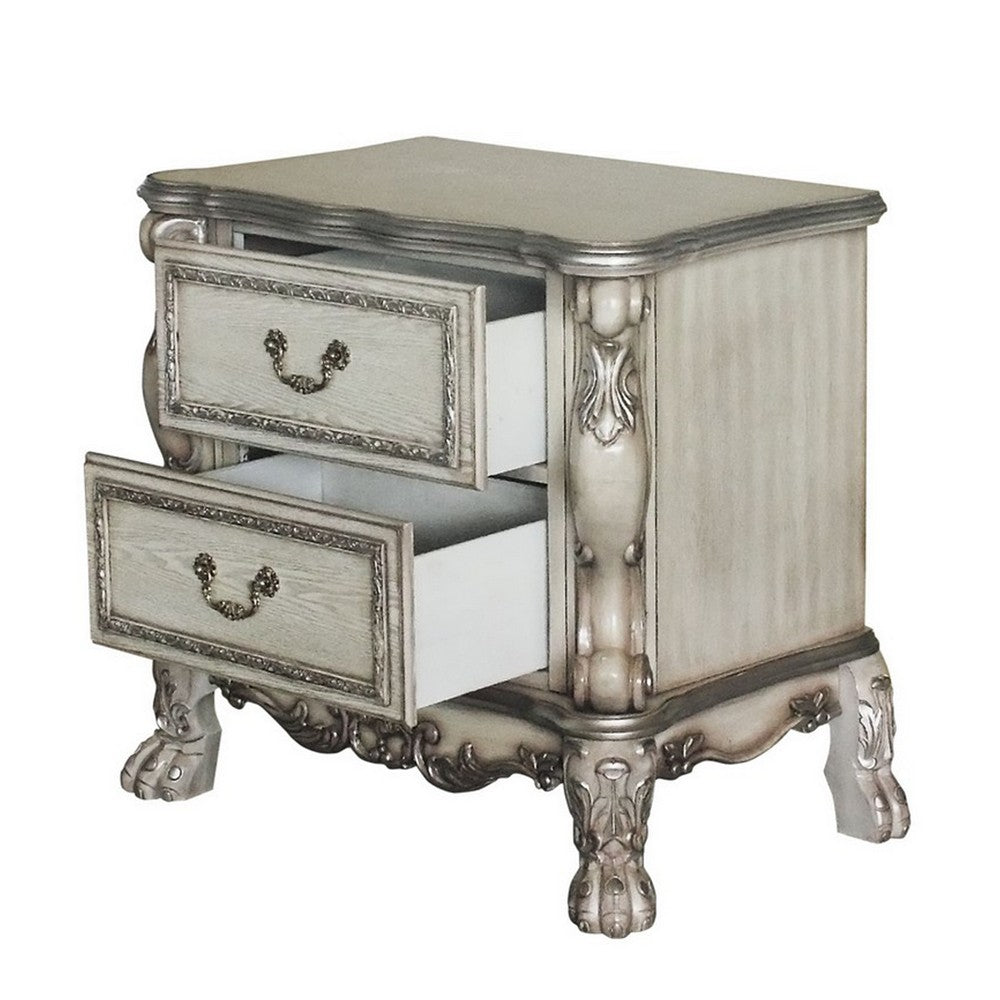 Benjara Traditional Wooden Nightstand with 2 Drawers And Carved Details, Silver