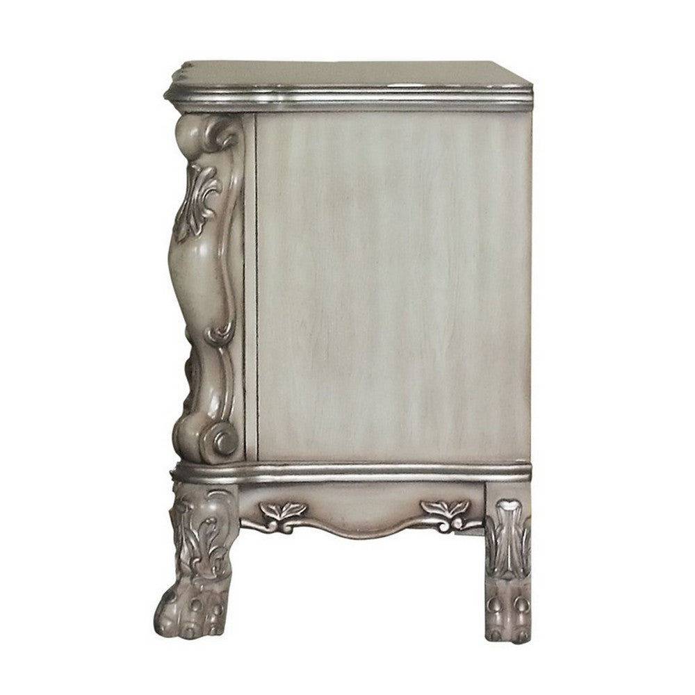 Benjara Traditional Wooden Nightstand with 2 Drawers And Carved Details, Silver
