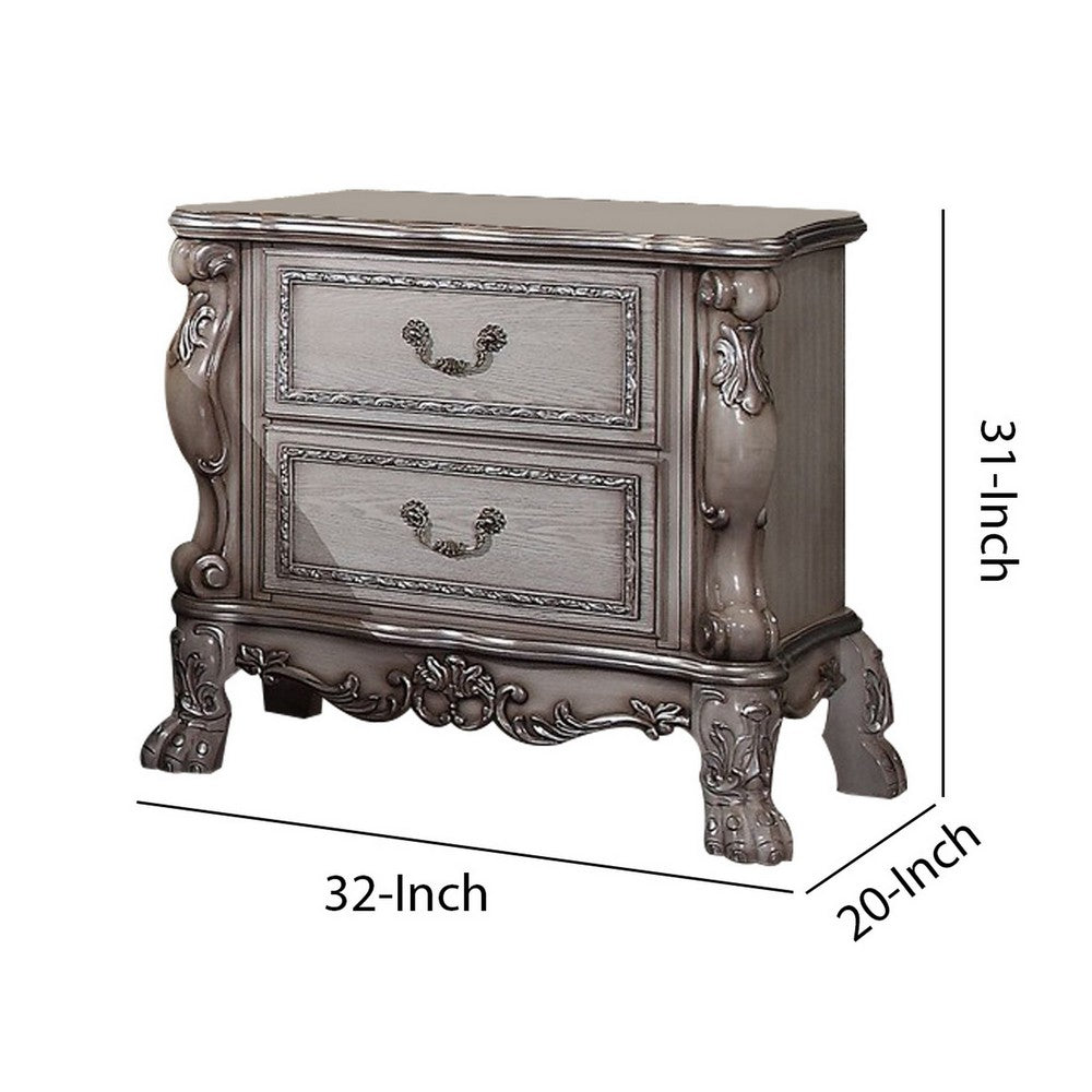 Benjara Traditional Wooden Nightstand with 2 Drawers And Carved Details, Silver