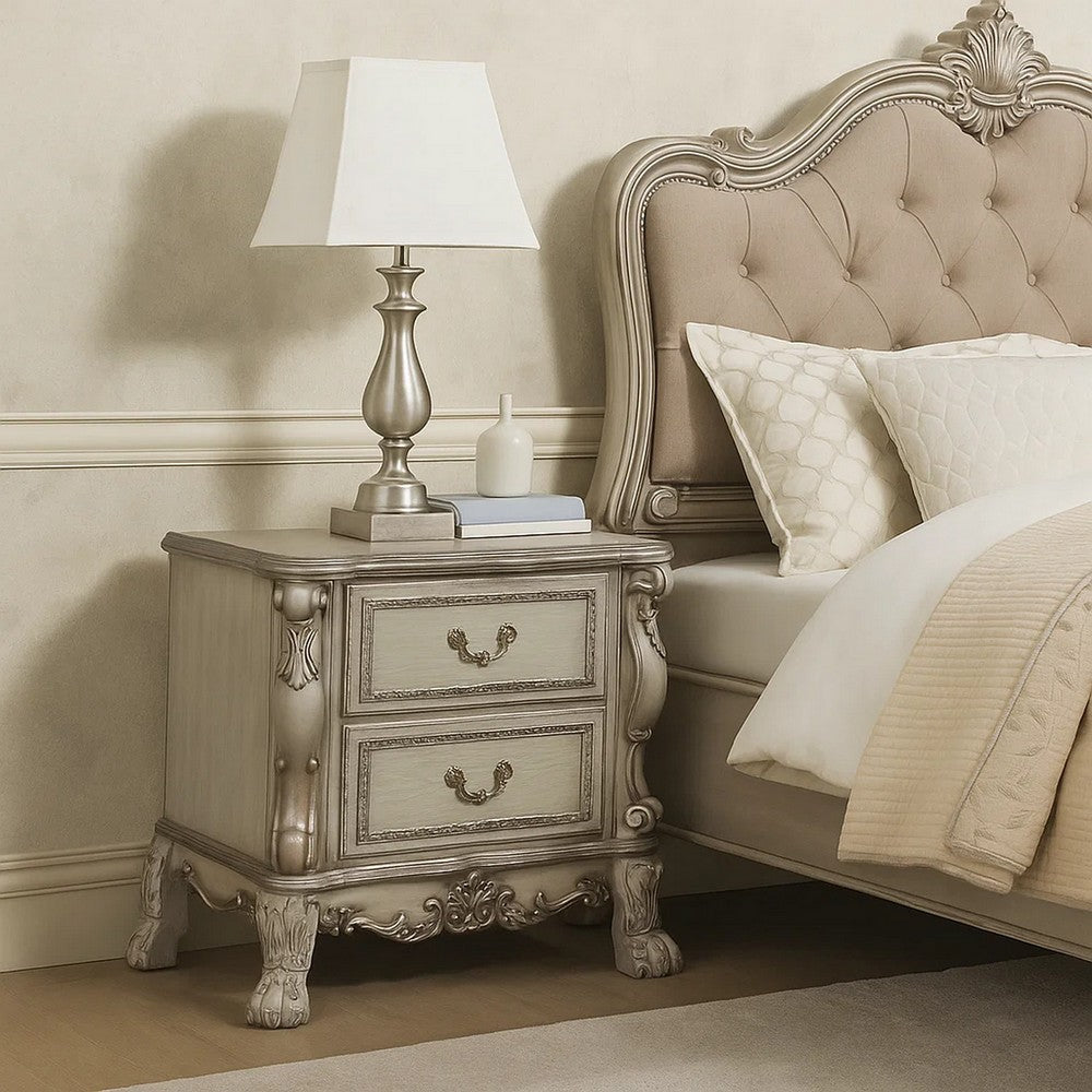 Benjara Traditional Wooden Nightstand with 2 Drawers And Carved Details, Silver