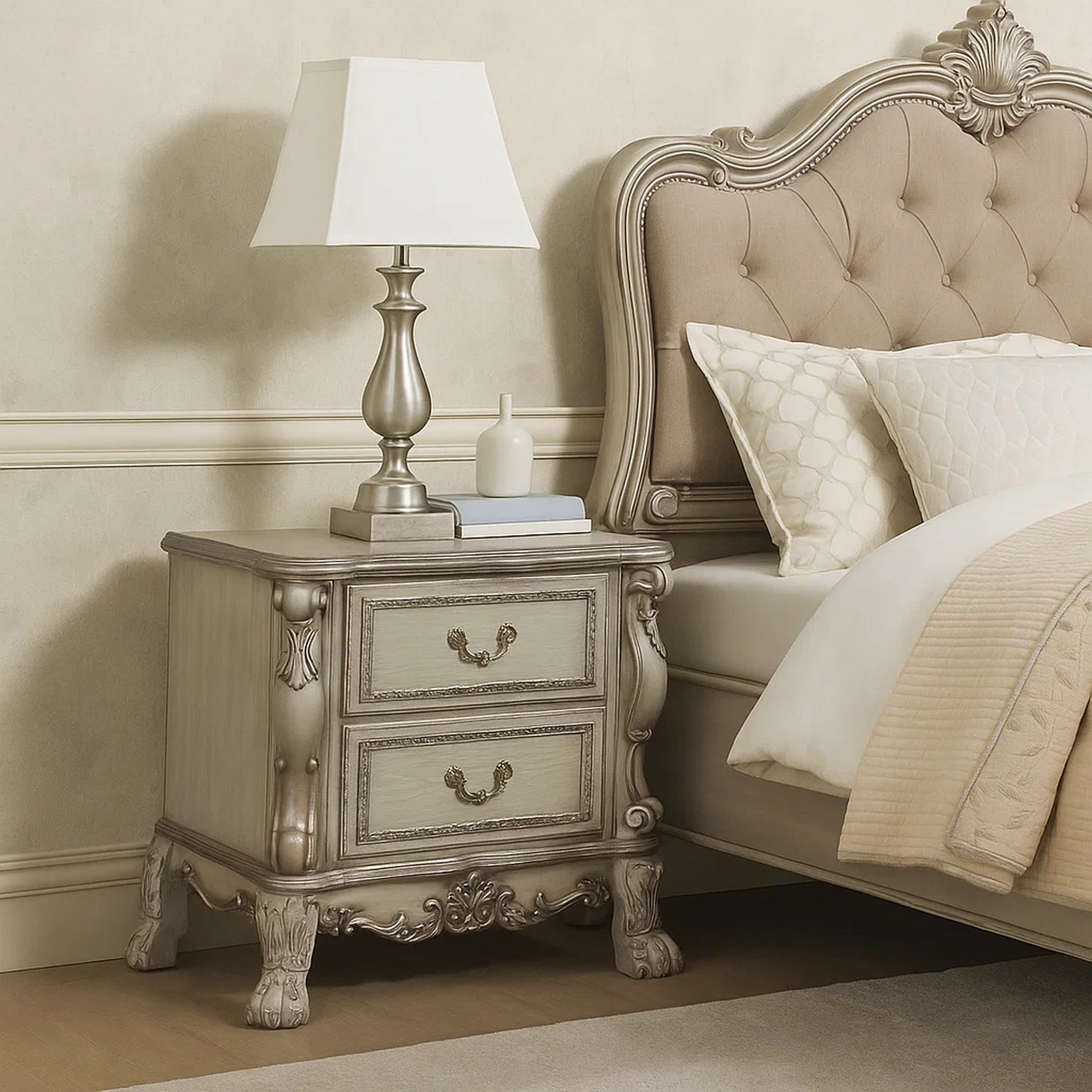 Benjara Traditional Wooden Nightstand with 2 Drawers And Carved Details, Silver