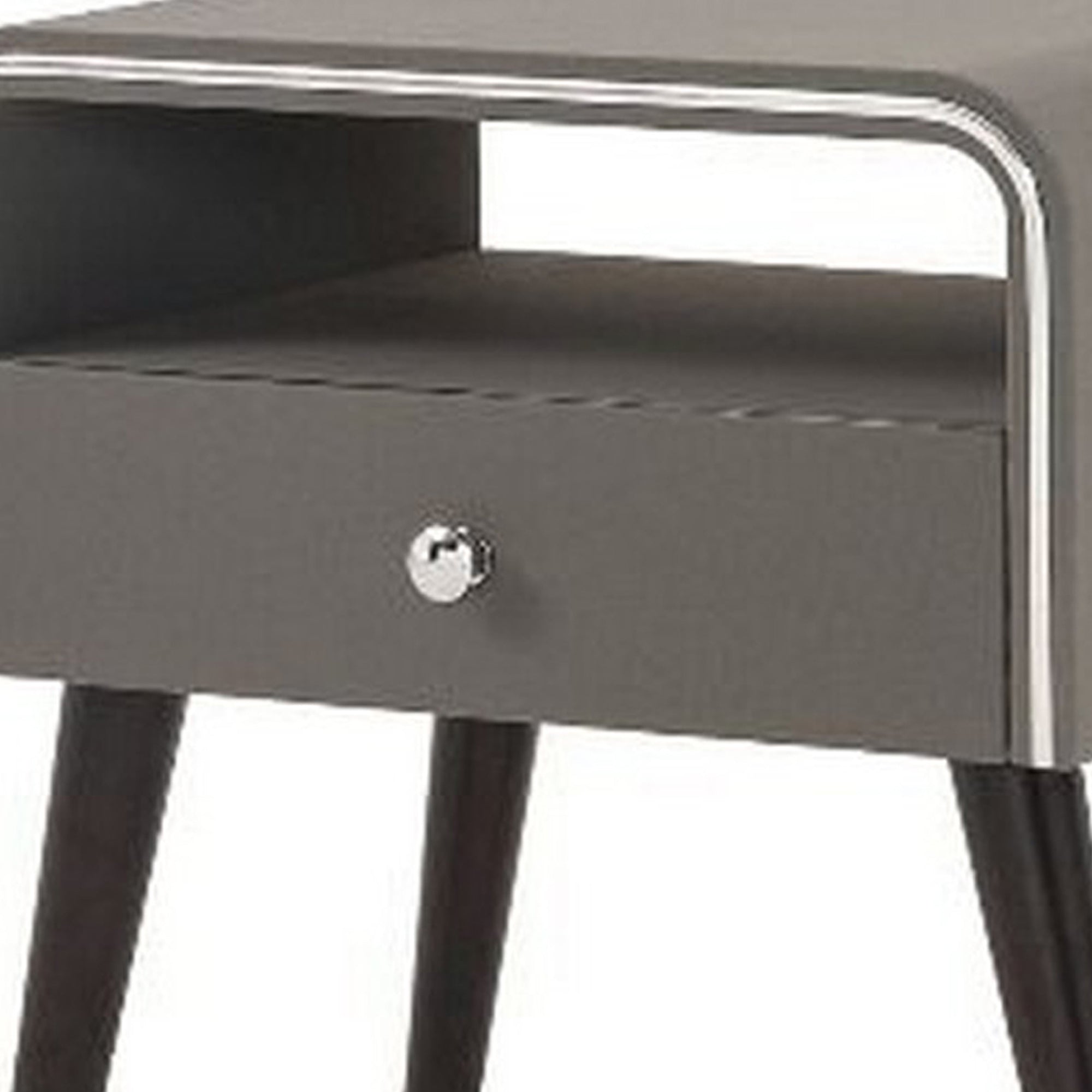 Benjara Curved Edge 1 Drawer Nightstand with Chrome Trim, Gray And Brown