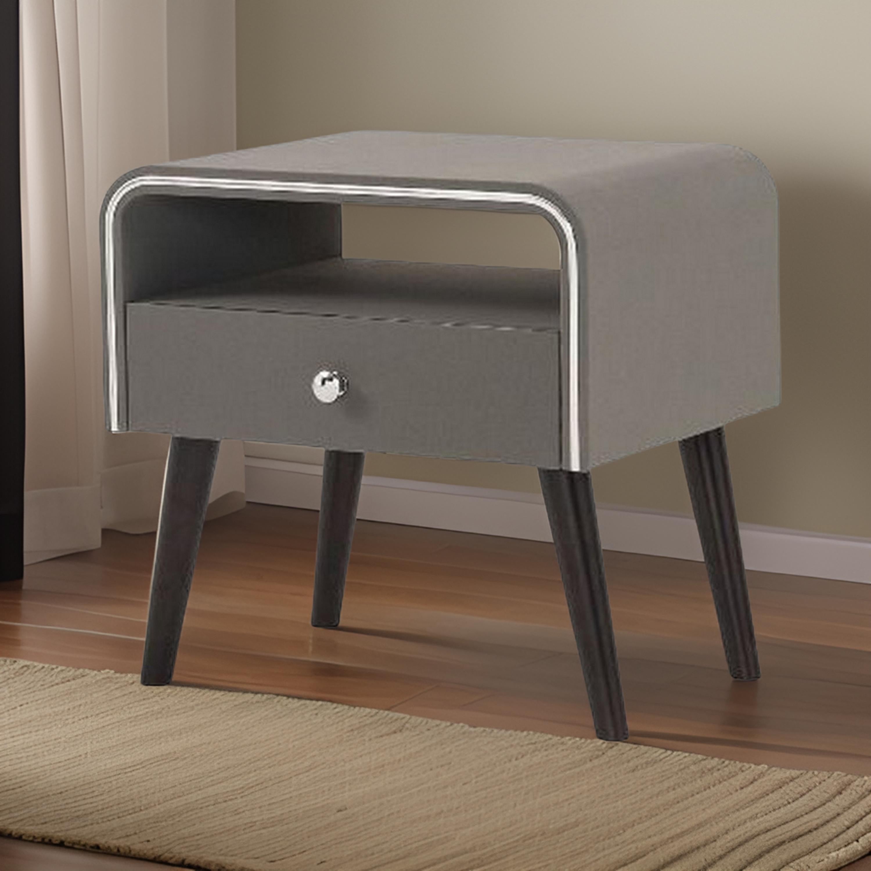 Benjara Curved Edge 1 Drawer Nightstand with Chrome Trim, Gray And Brown