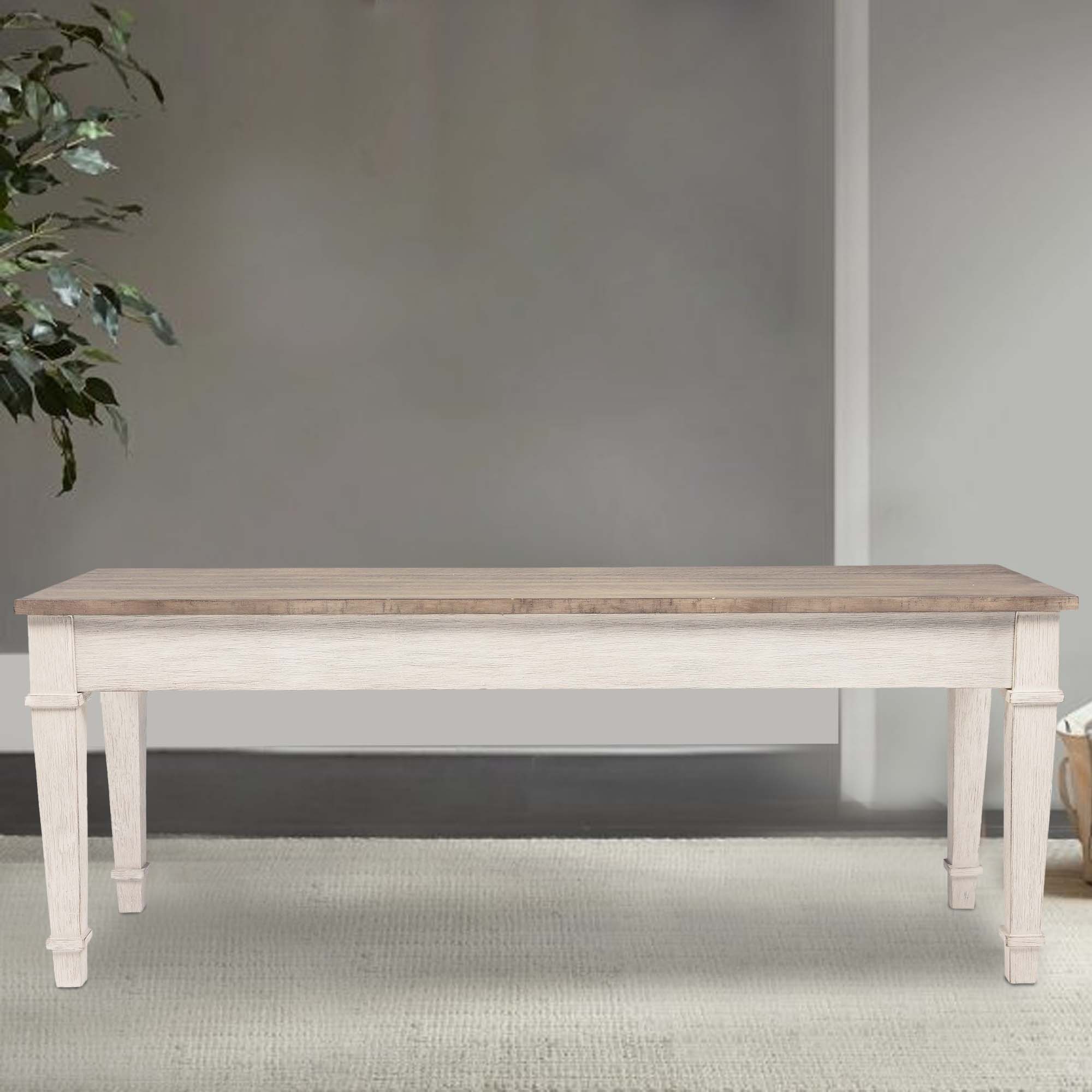 Benjara Rectangular Wooden Bench With Under Seat Storage, Antique White And Brown