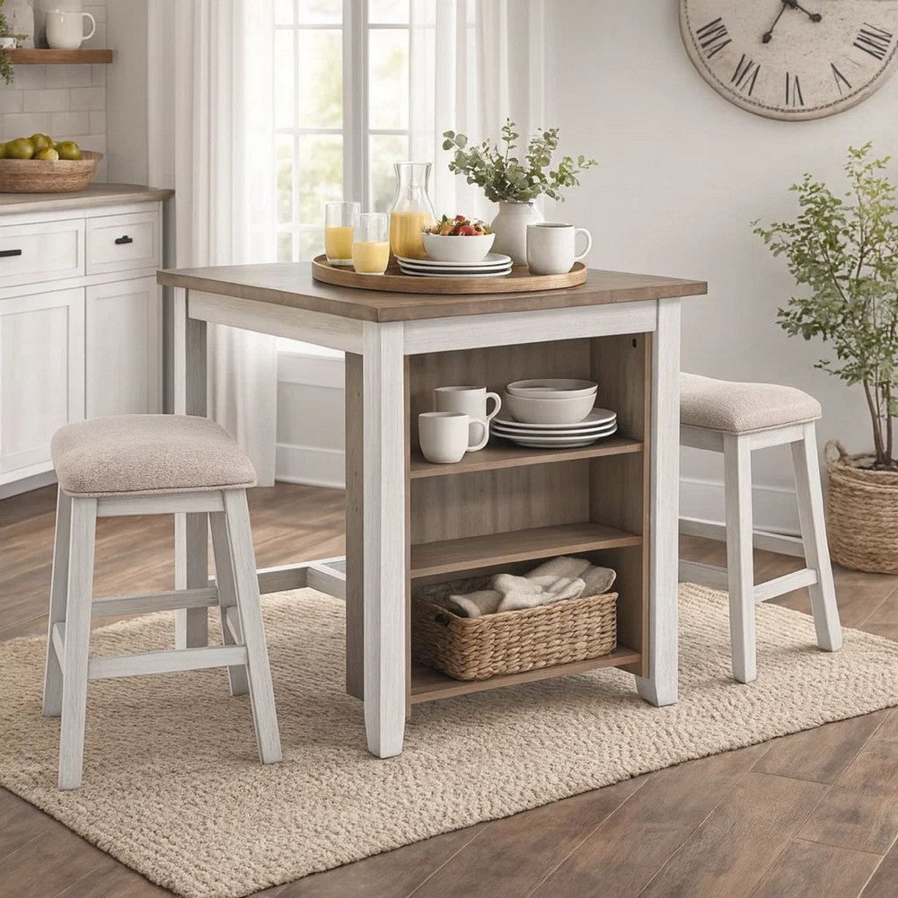 Benjara 3 Piece Counter Height Table And Barstool Set, Antique White And Brown