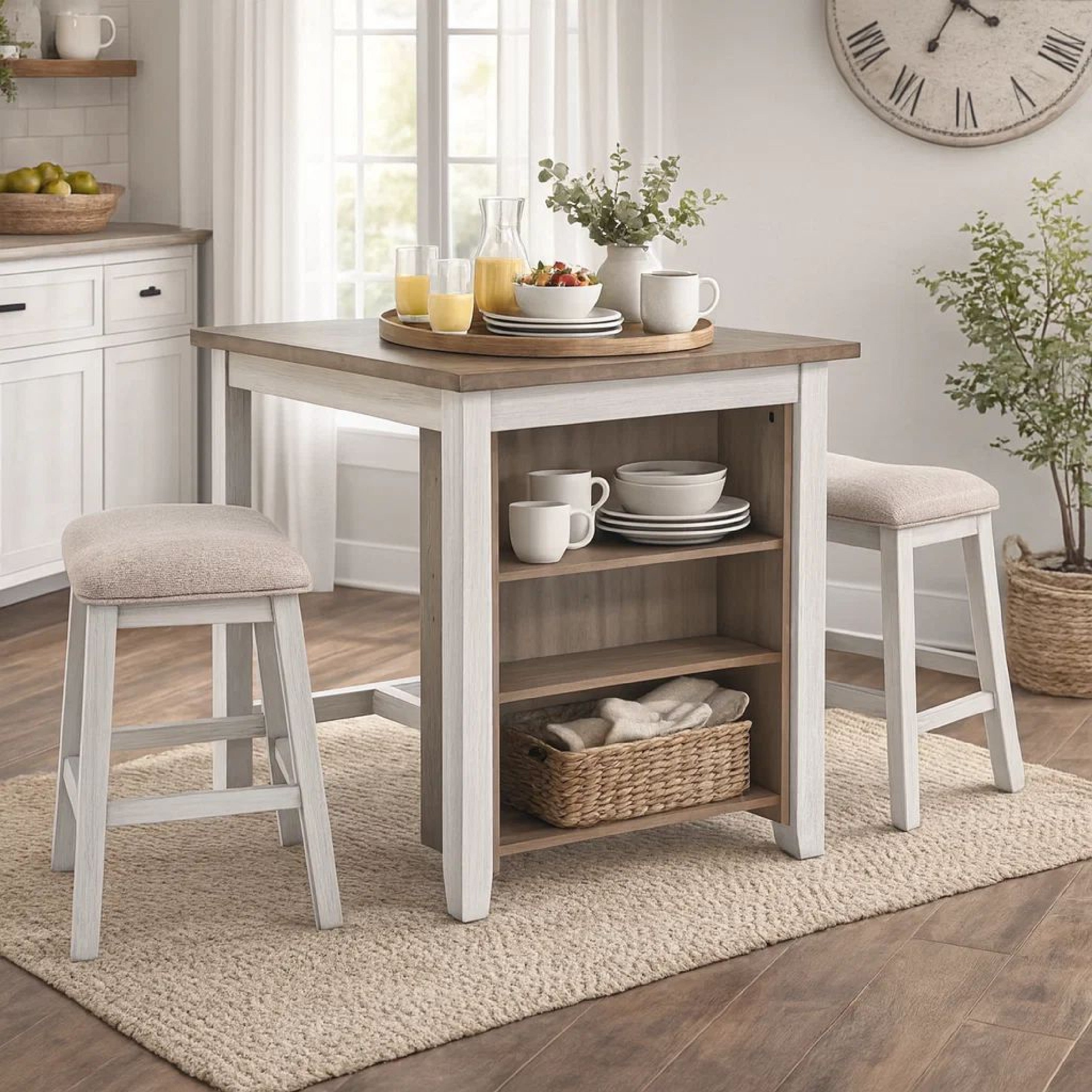 Benjara 3 Piece Counter Height Table And Barstool Set, Antique White And Brown