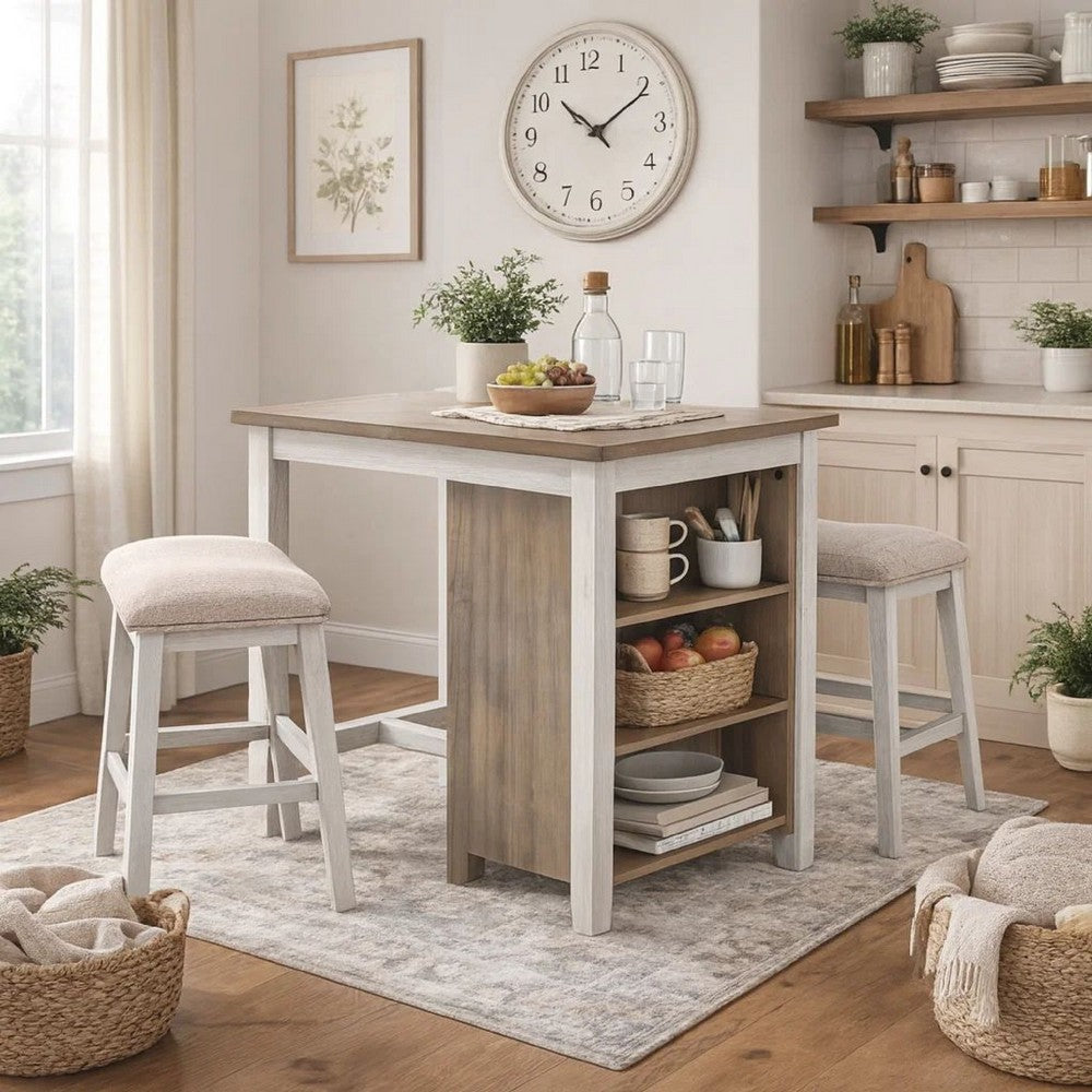 Benjara 3 Piece Counter Height Table And Barstool Set, Antique White And Brown