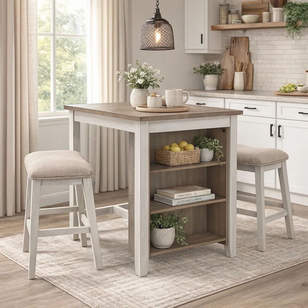 Benjara 3 Piece Counter Height Table And Barstool Set, Antique White And Brown