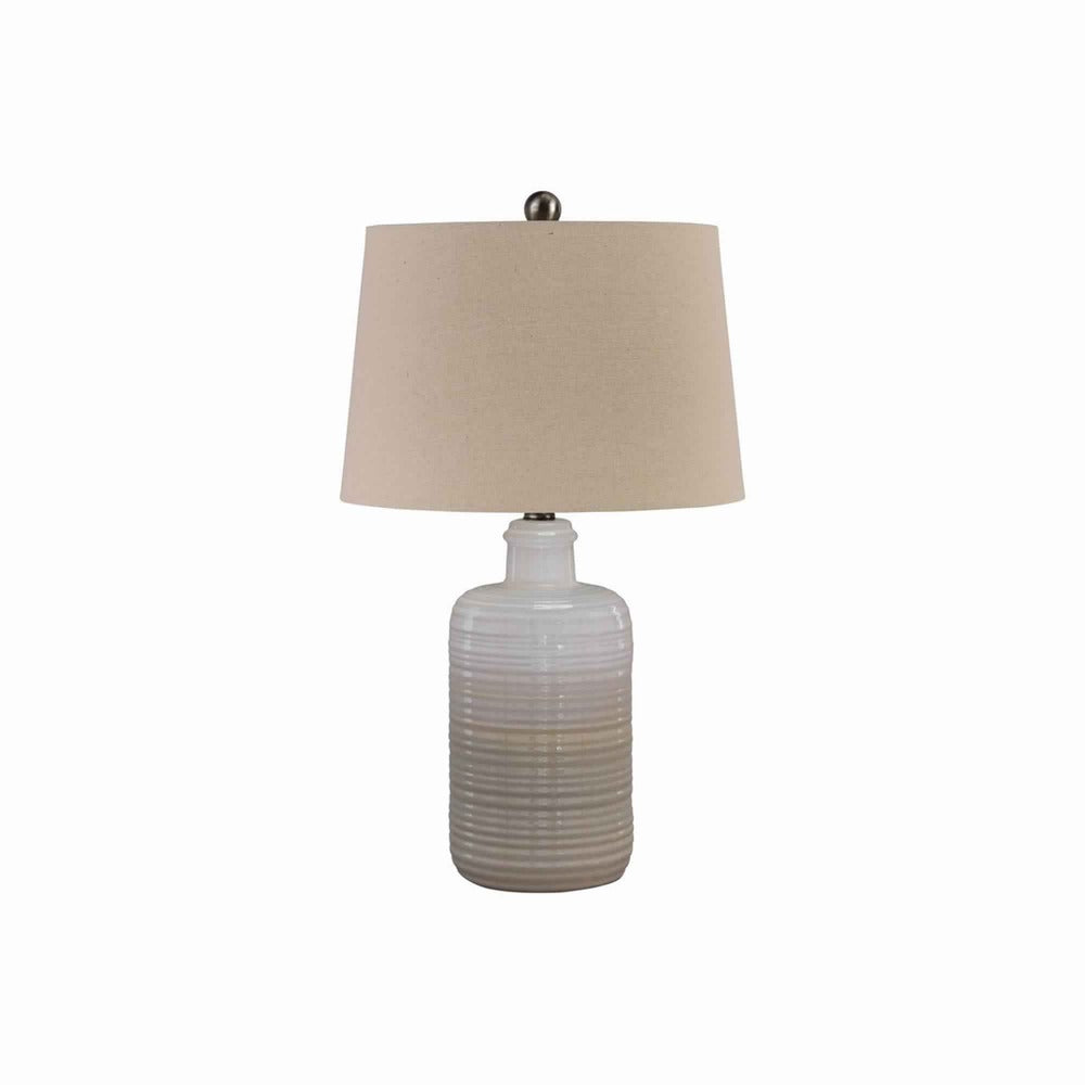Benjara Ceramic Body Table Lamp with Brushed Details, Set of 2, Beige And White