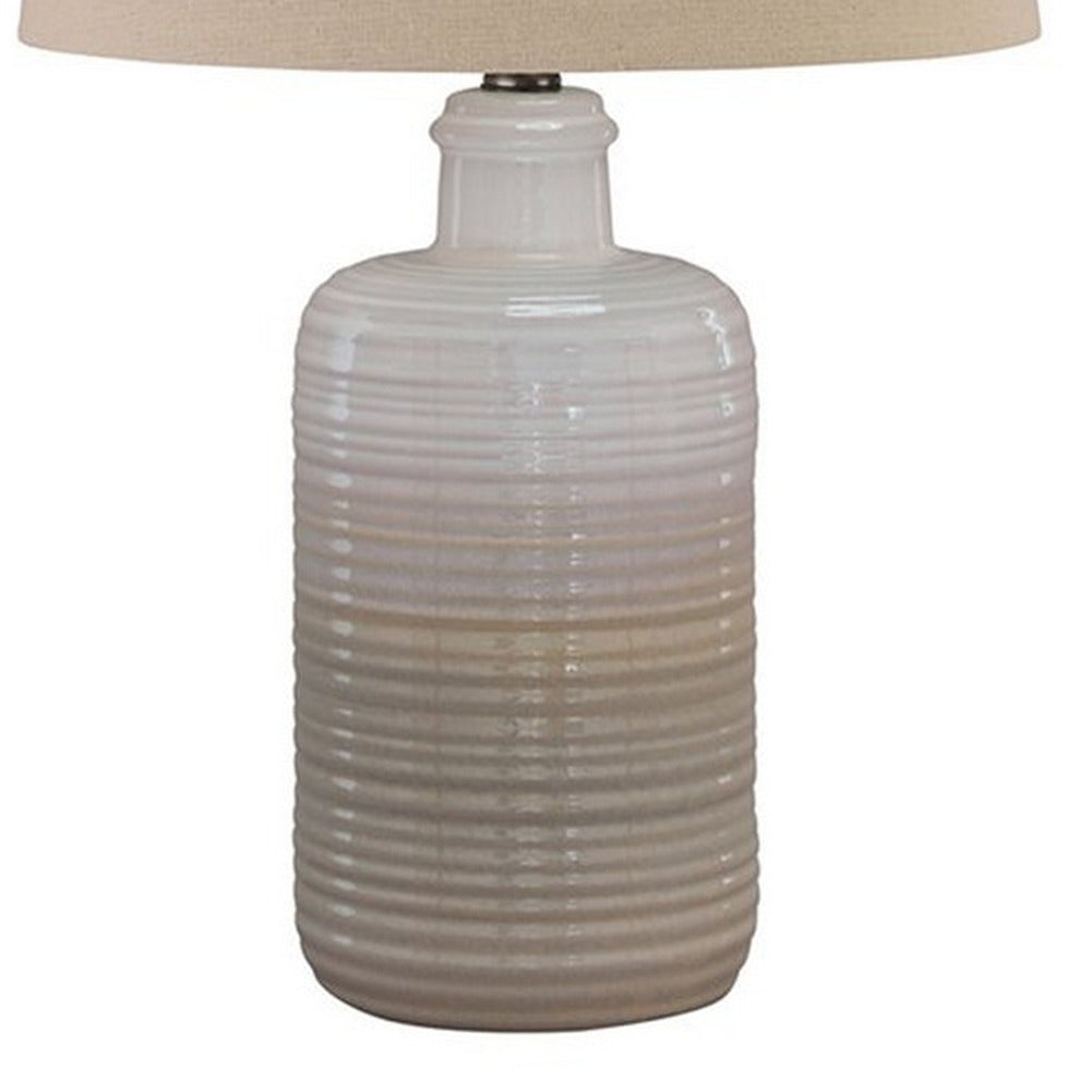 Benjara Ceramic Body Table Lamp with Brushed Details, Set of 2, Beige And White