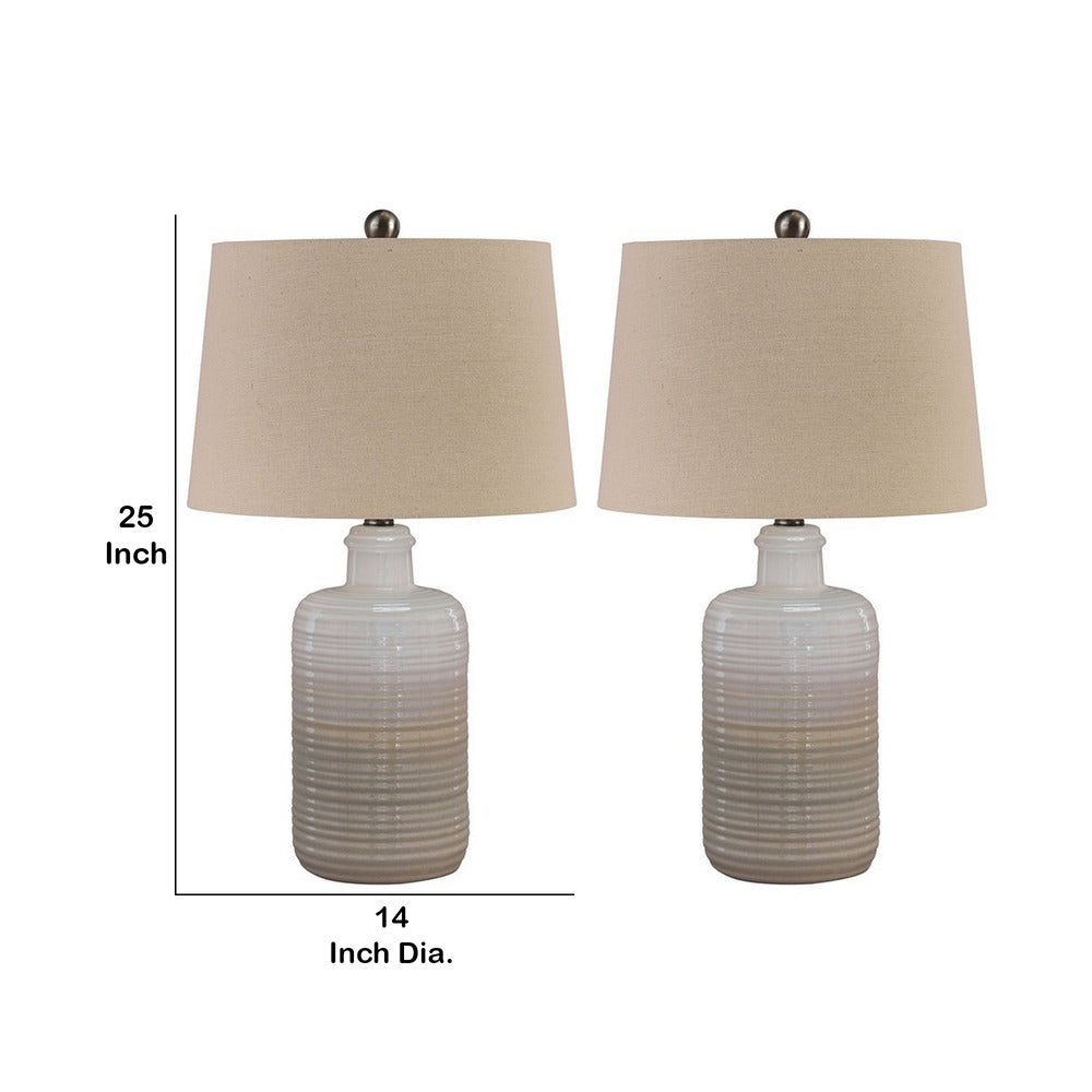 Benjara Ceramic Body Table Lamp with Brushed Details, Set of 2, Beige And White