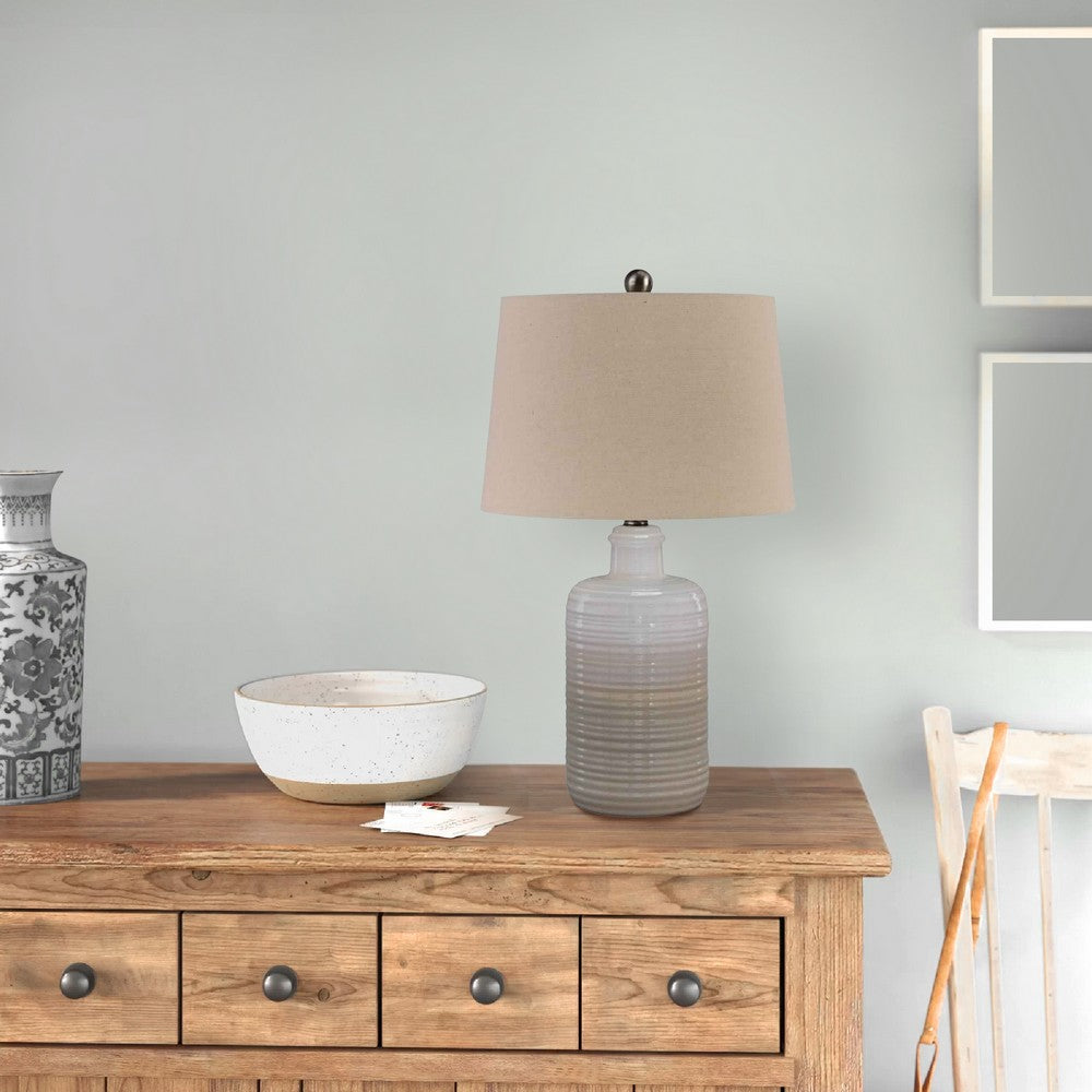 Benjara Ceramic Body Table Lamp with Brushed Details, Set of 2, Beige And White