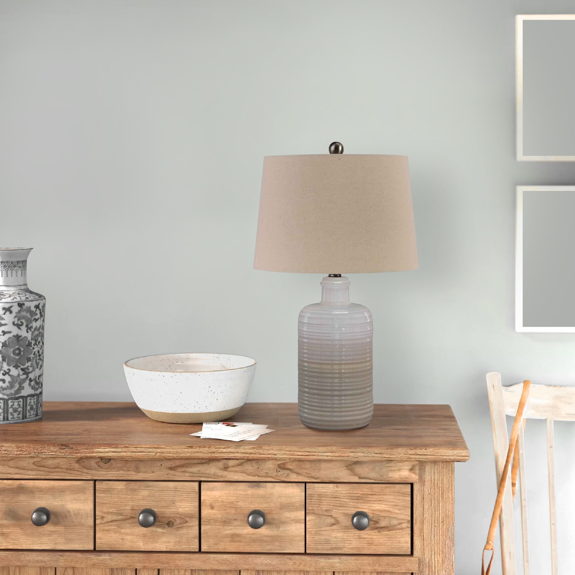 Benjara Ceramic Body Table Lamp with Brushed Details, Set of 2, Beige And White