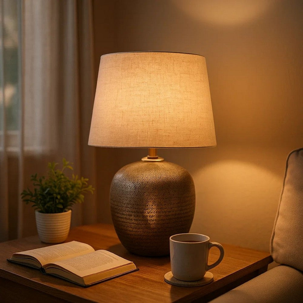 Benjara Bellied metal Body Table Lamp with Splotched Details, Brass And Cream