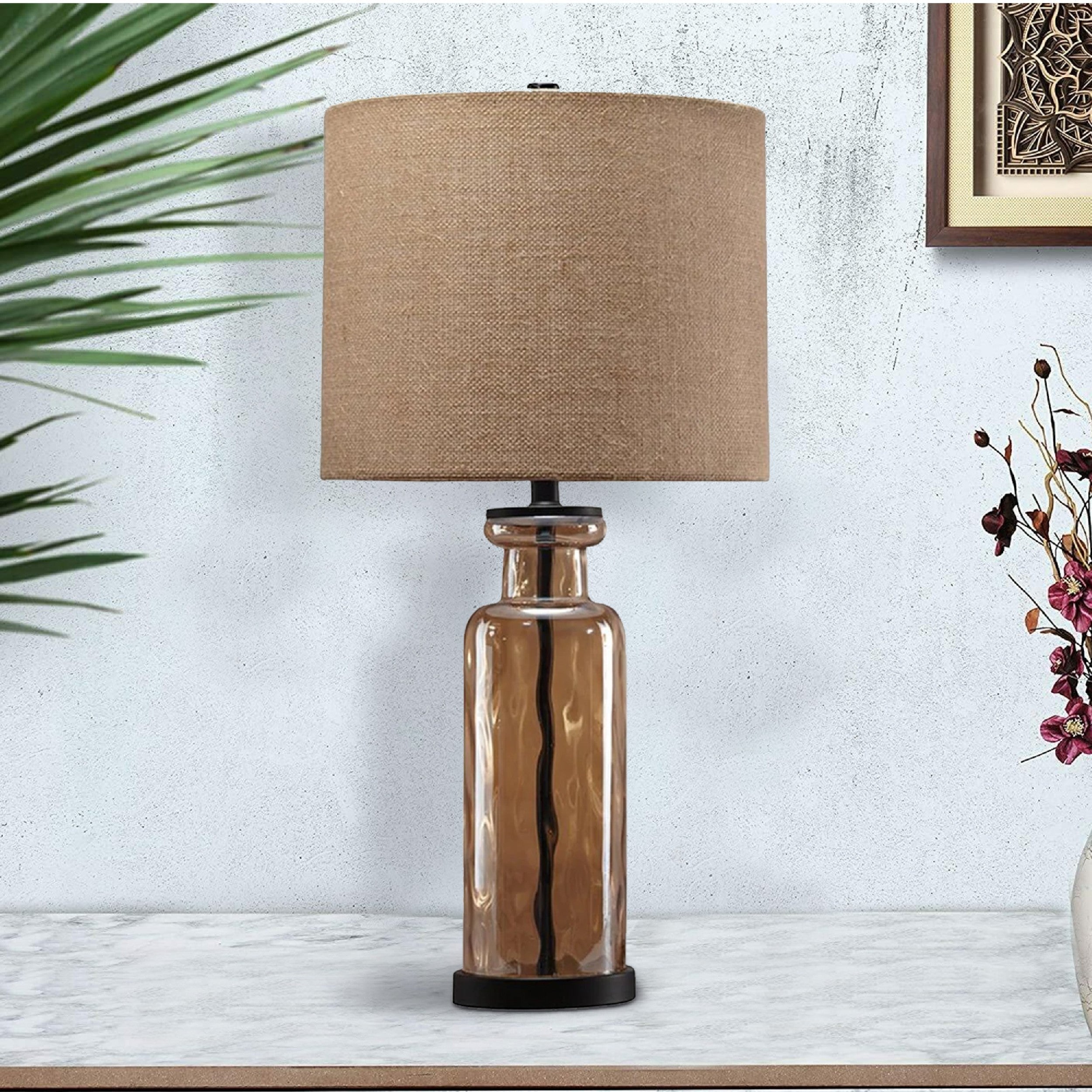 Benjara Glass Table Lamp with Fabric Drum Shade, Gold And Beige