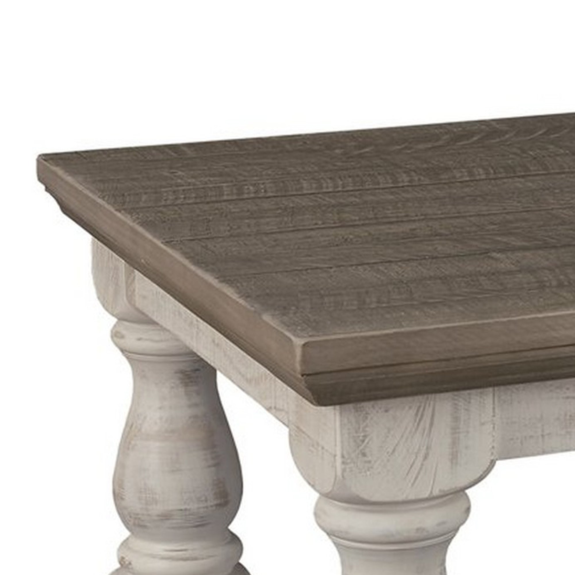 Benjara Rectangular Wooden Cocktail Table with Trestle Base,Brown And Antique White