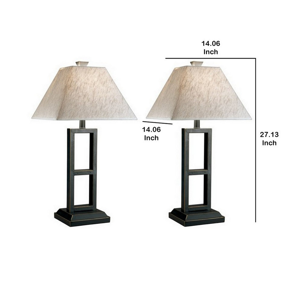 Benjara Geometric Metal Body Table Lamp with Fabric Shade, Set of 2,Black And White