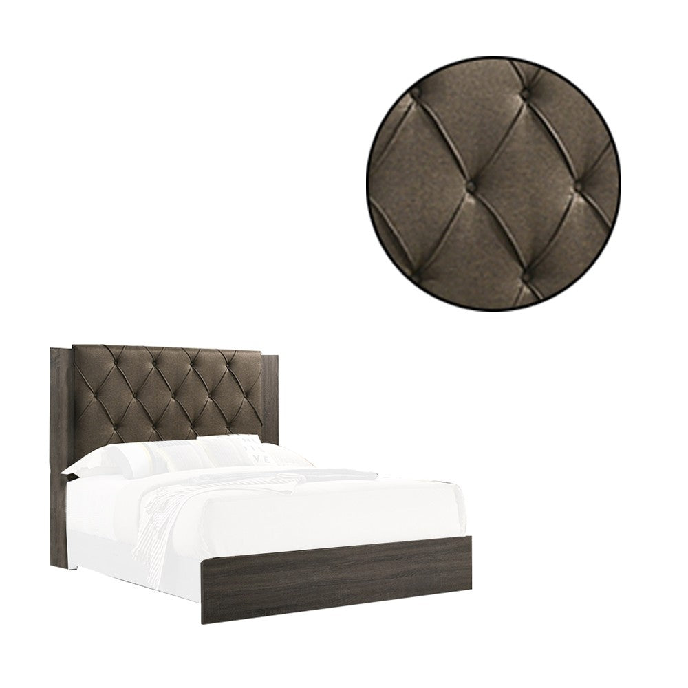 Benjara Wooden Eastern king Bed with Button Tufted Headboard, Gray And Brown