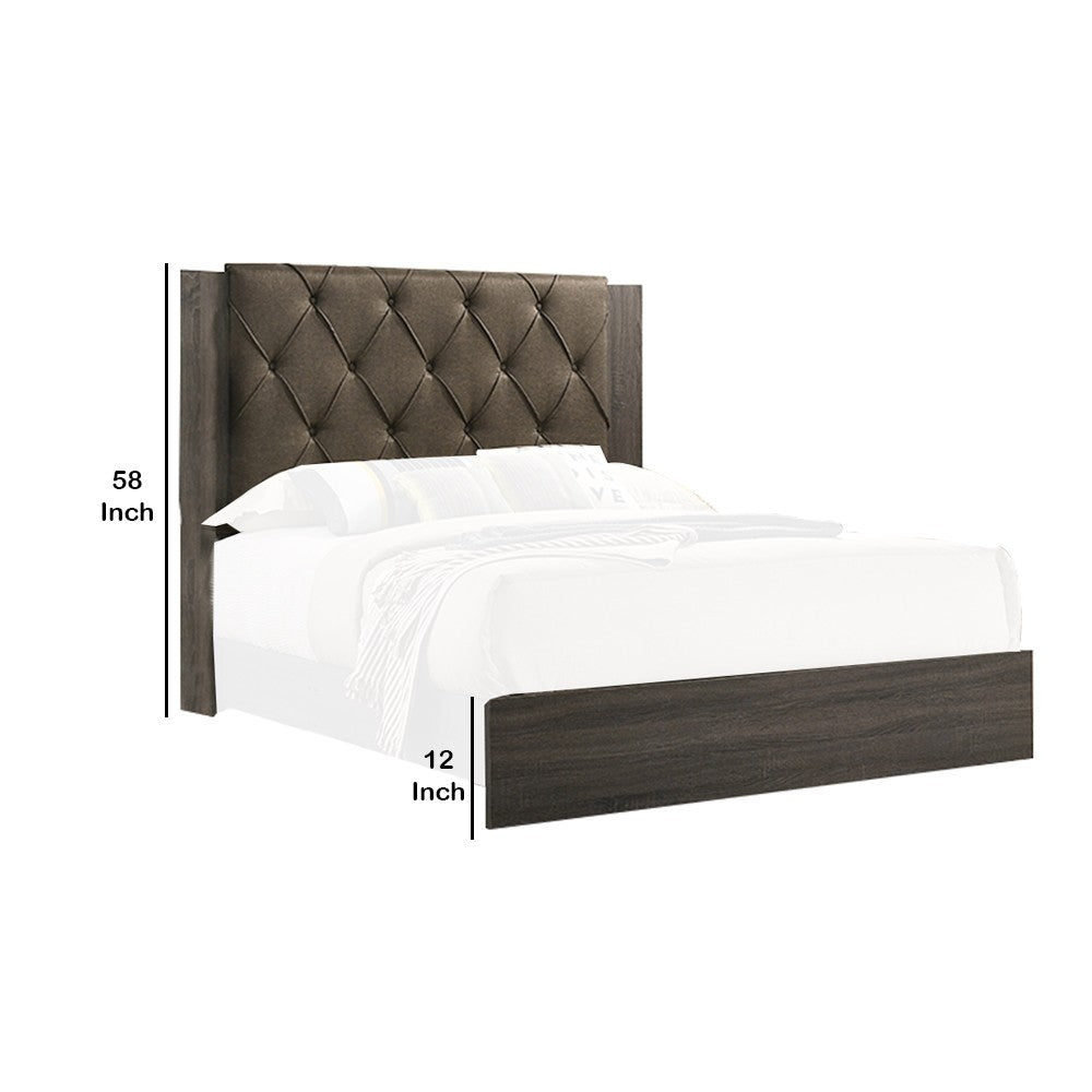 Benjara Wooden Eastern king Bed with Button Tufted Headboard, Gray And Brown