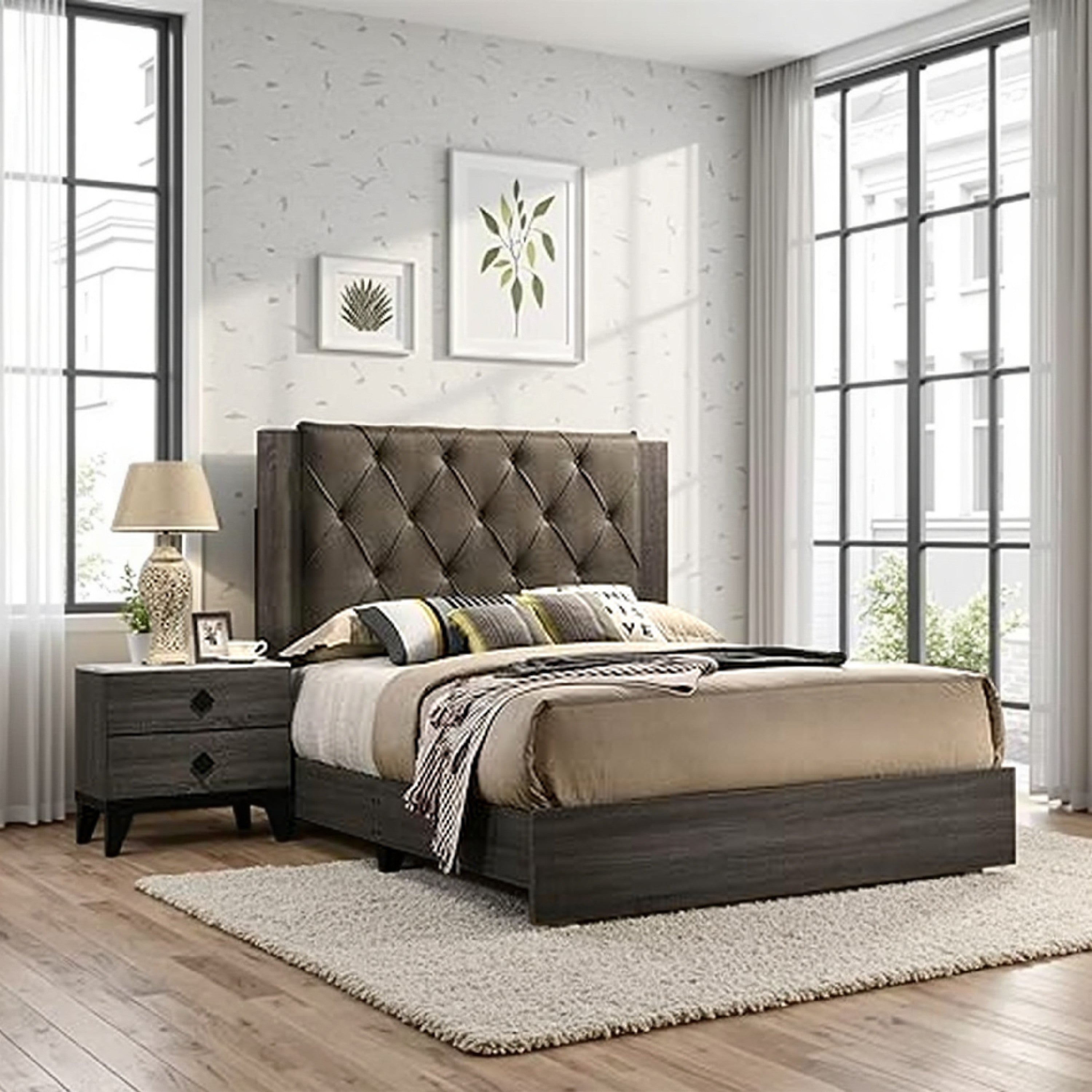 Benjara Wooden Eastern king Bed with Button Tufted Headboard, Gray And Brown