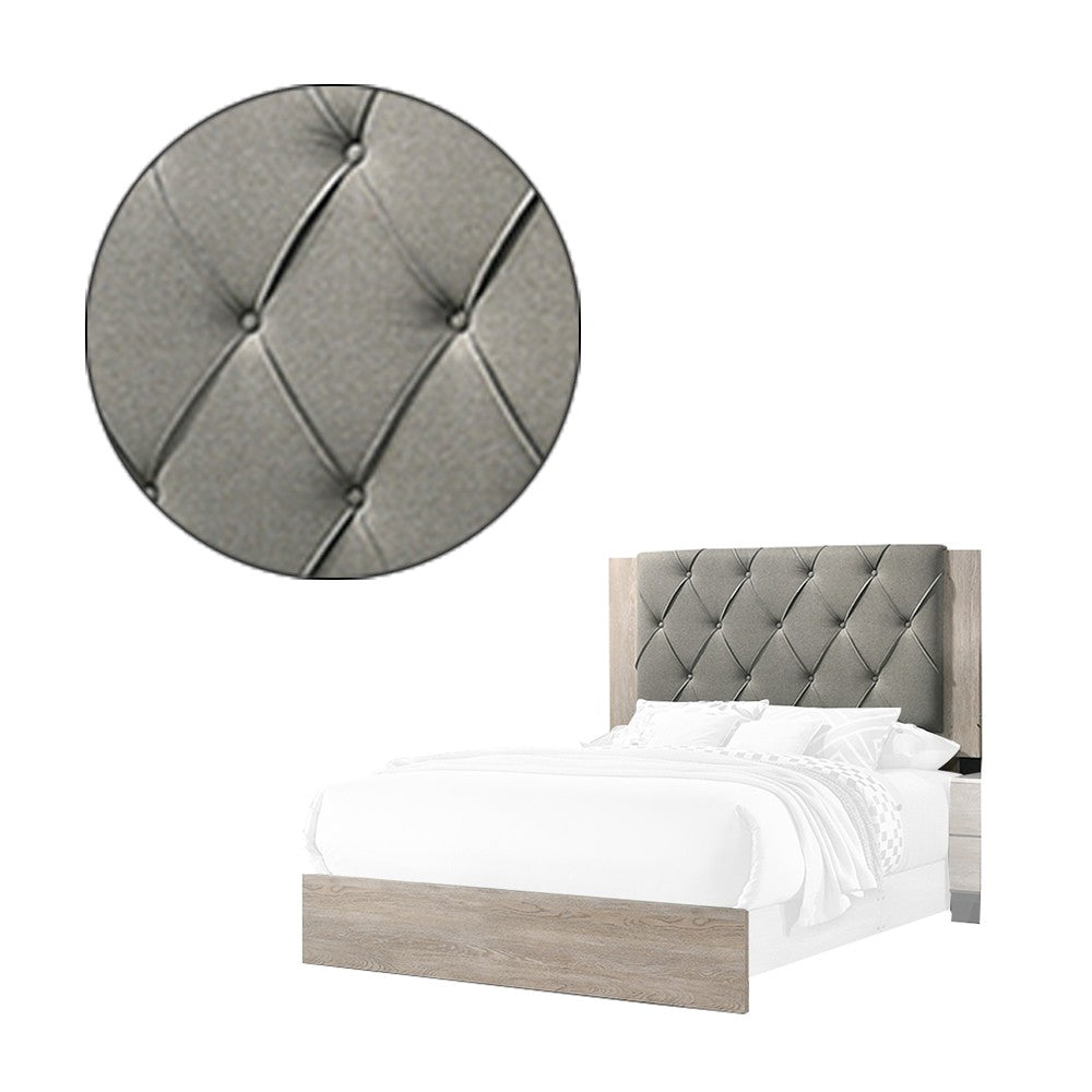 Benjara Wooden Queen Bed with Button Tufted Upholstered Headboard, Gray And Cream