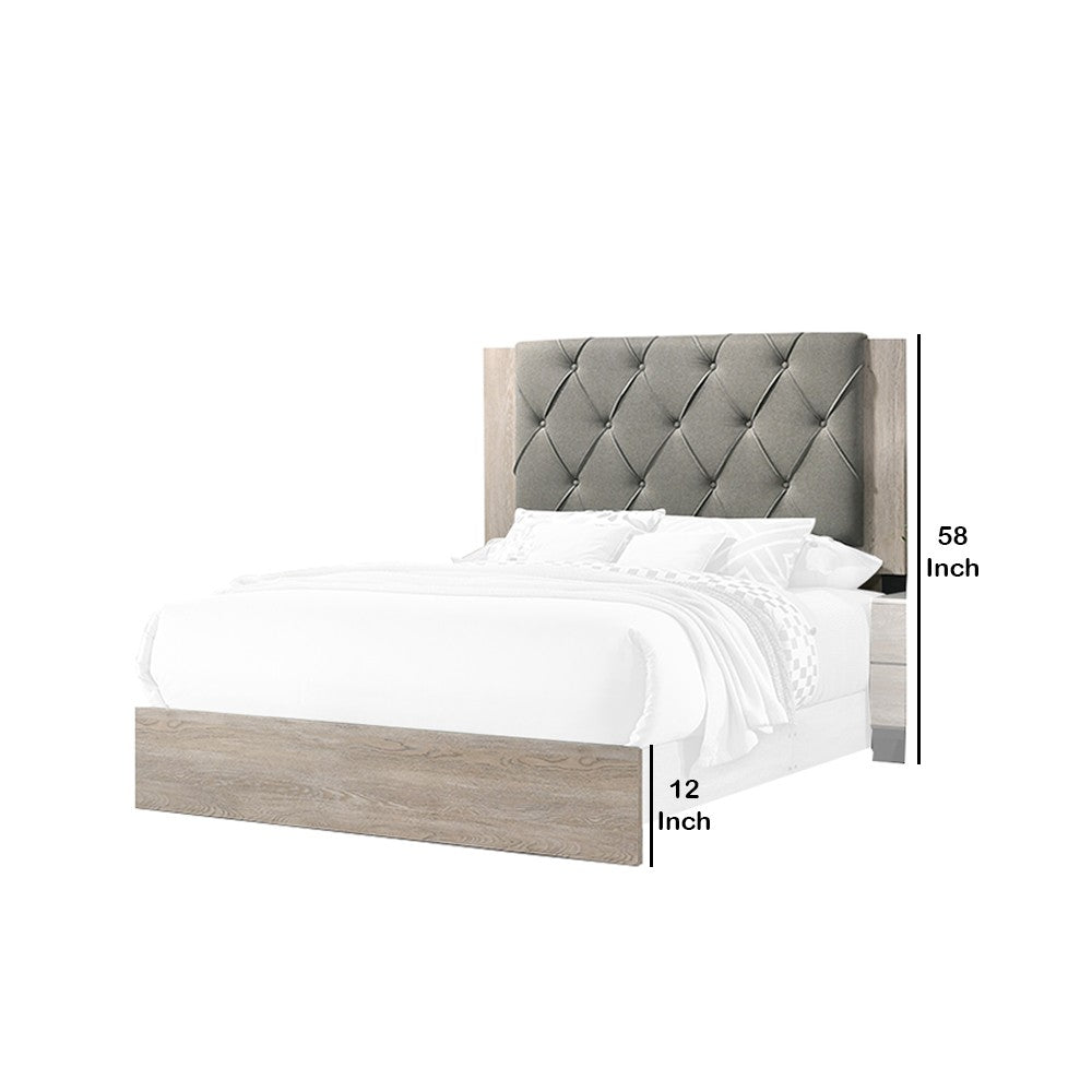 Benjara Wooden Queen Bed with Button Tufted Upholstered Headboard, Gray And Cream
