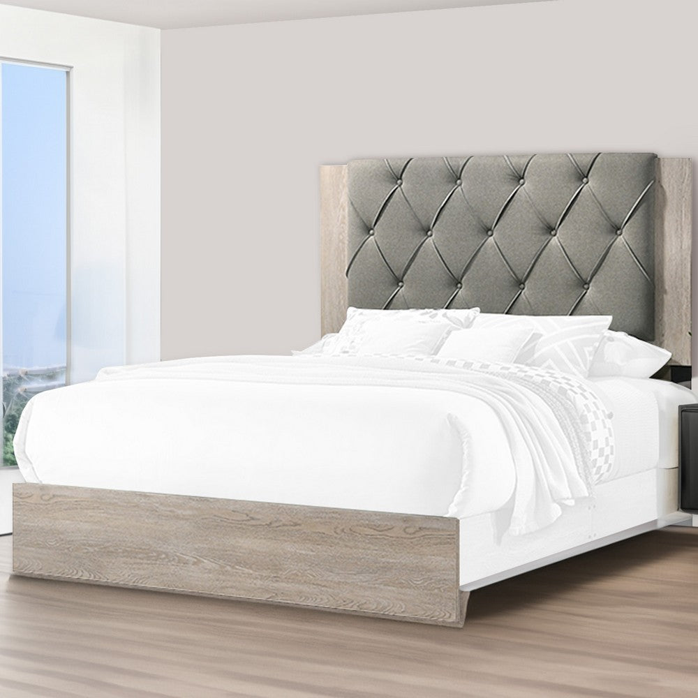 Benjara Wooden Queen Bed with Button Tufted Upholstered Headboard, Gray And Cream