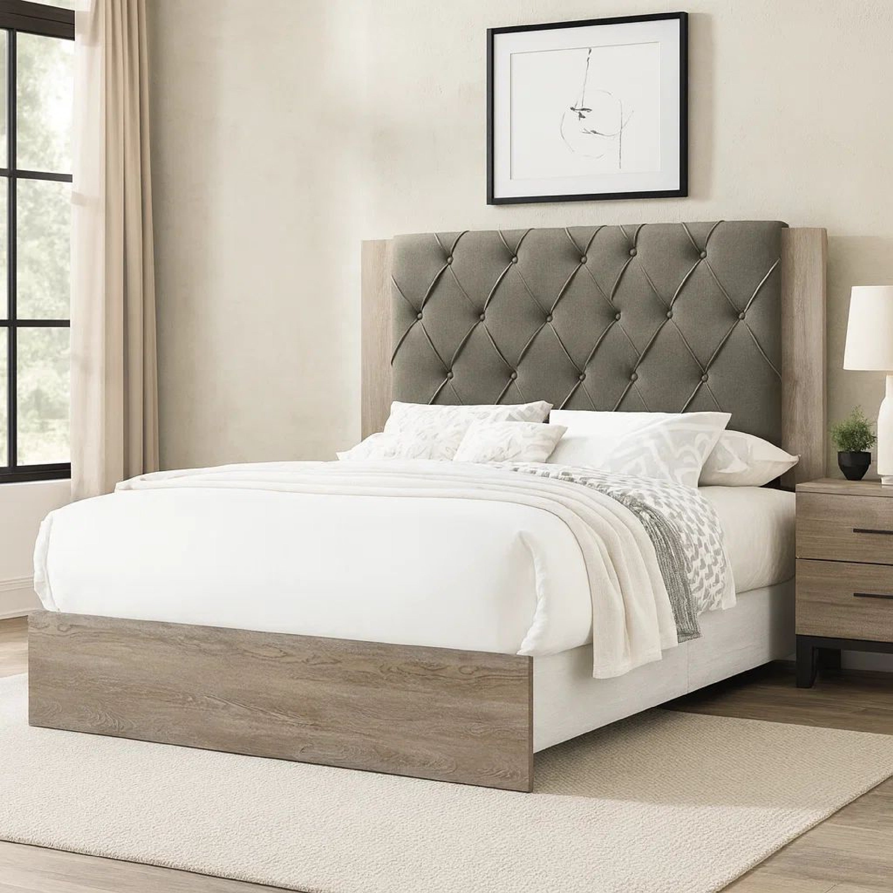 Benjara Wooden Queen Bed with Button Tufted Upholstered Headboard, Gray And Cream