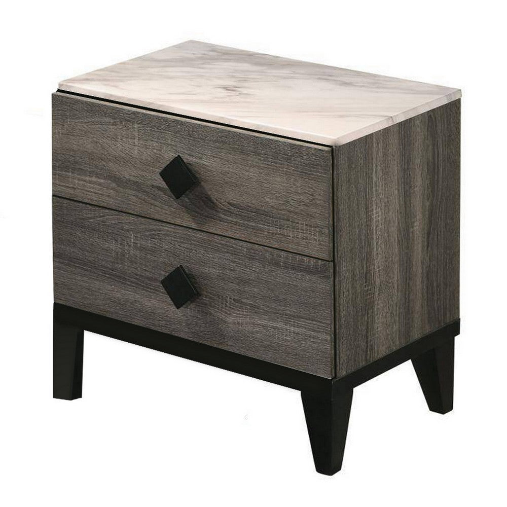 Benjara 2 Drawer Wooden Nightstand with Grains And Angled Legs, Gray