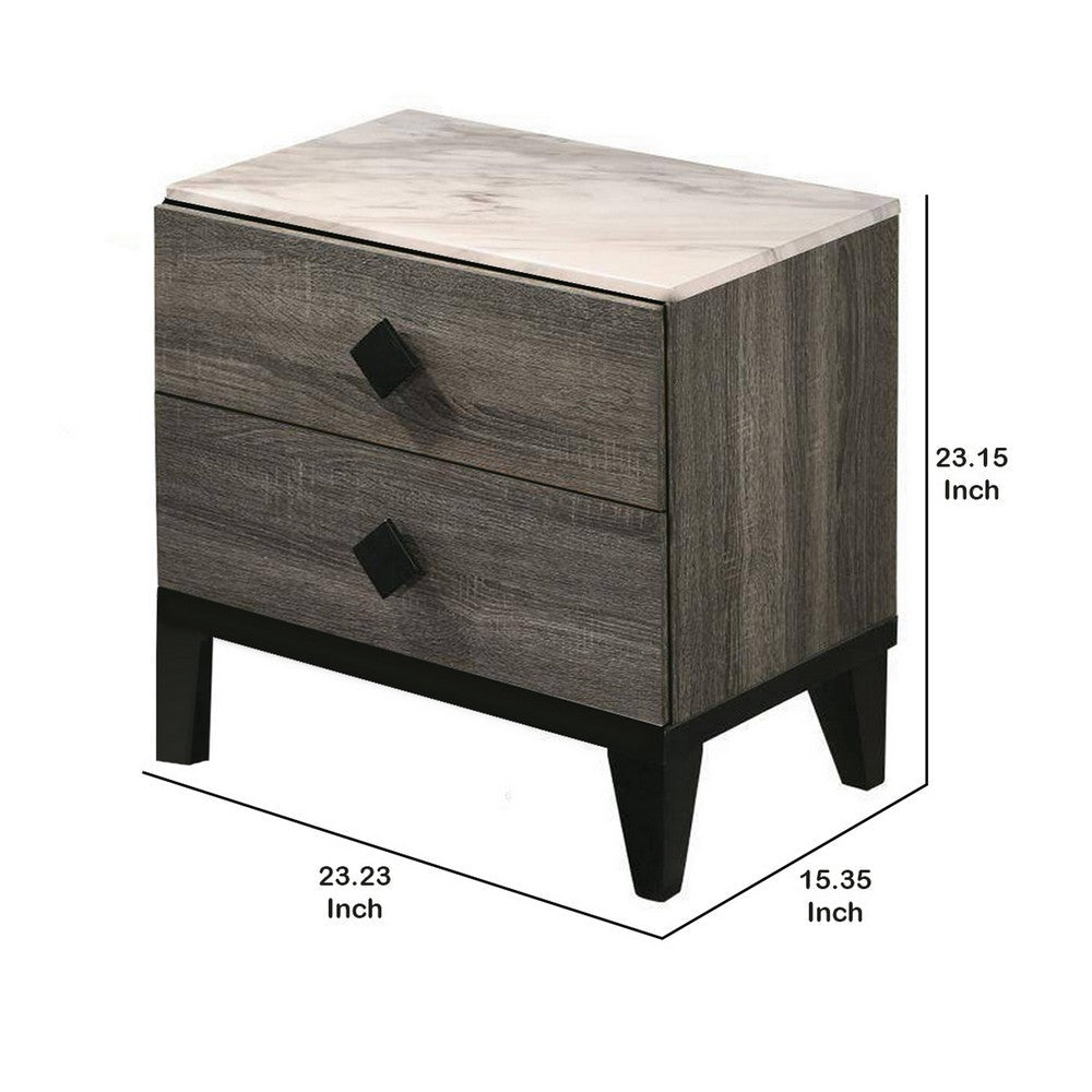 Benjara 2 Drawer Wooden Nightstand with Grains And Angled Legs, Gray