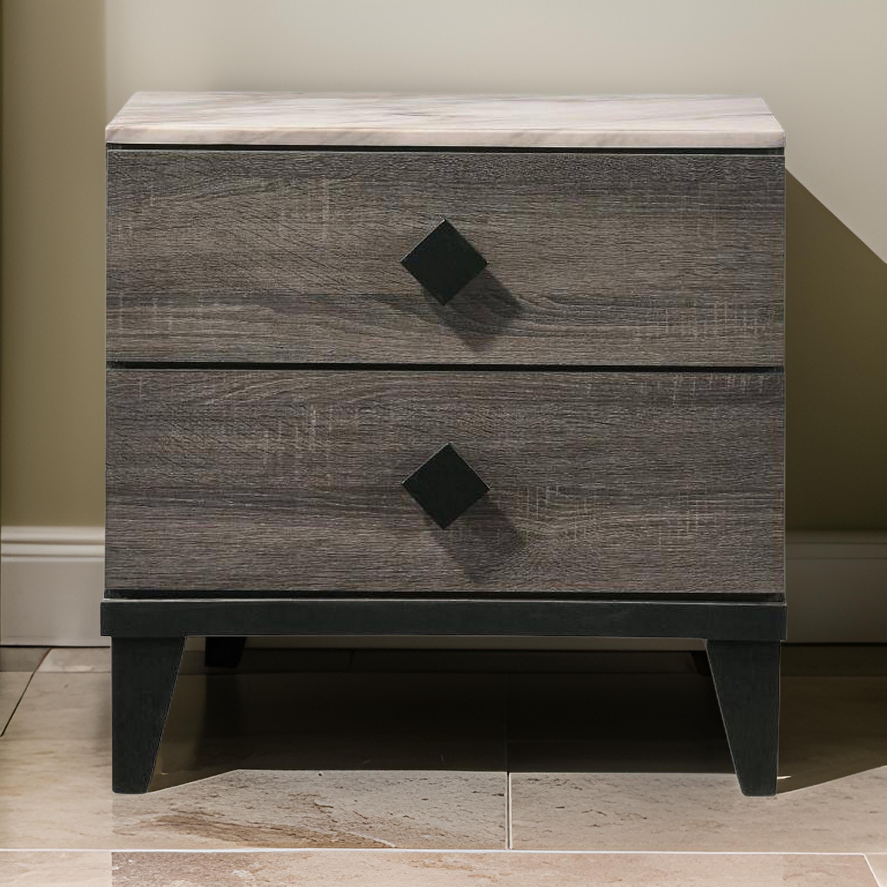 Benjara 2 Drawer Wooden Nightstand with Grains And Angled Legs, Gray