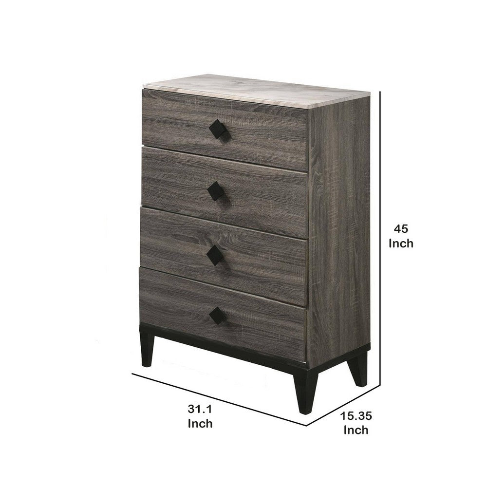 Benjara 4 Drawer Wooden Chest with Grains And Angled Legs, Gray