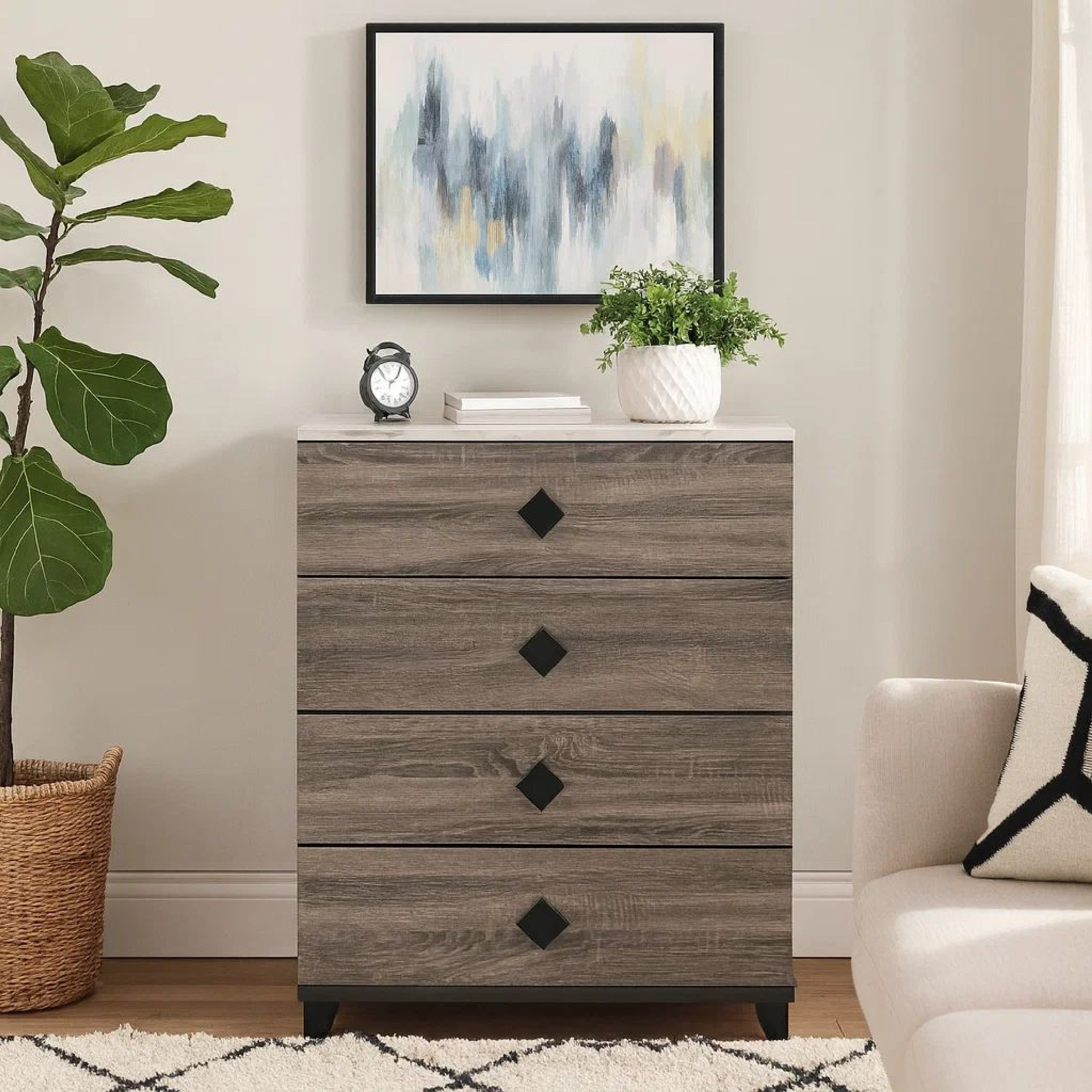 Benjara 4 Drawer Wooden Chest with Grains And Angled Legs, Gray