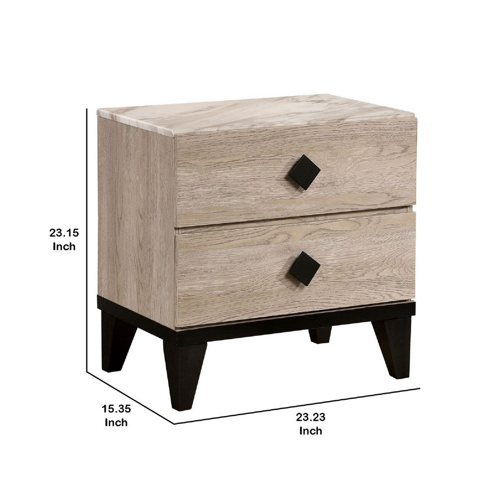 Benjara 2 Drawer Wooden Nightstand with Grains And Angled Legs, Cream