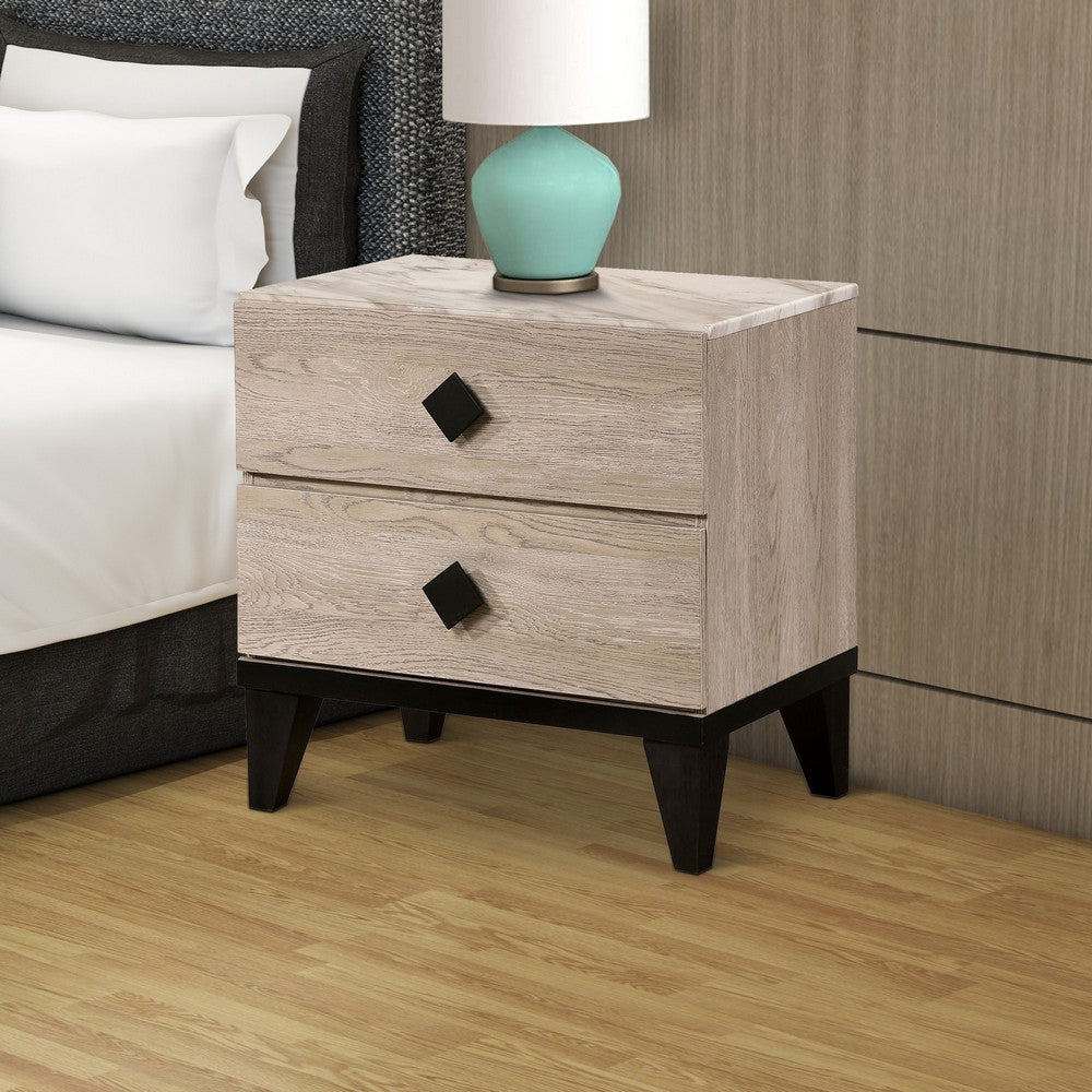 Benjara 2 Drawer Wooden Nightstand with Grains And Angled Legs, Cream