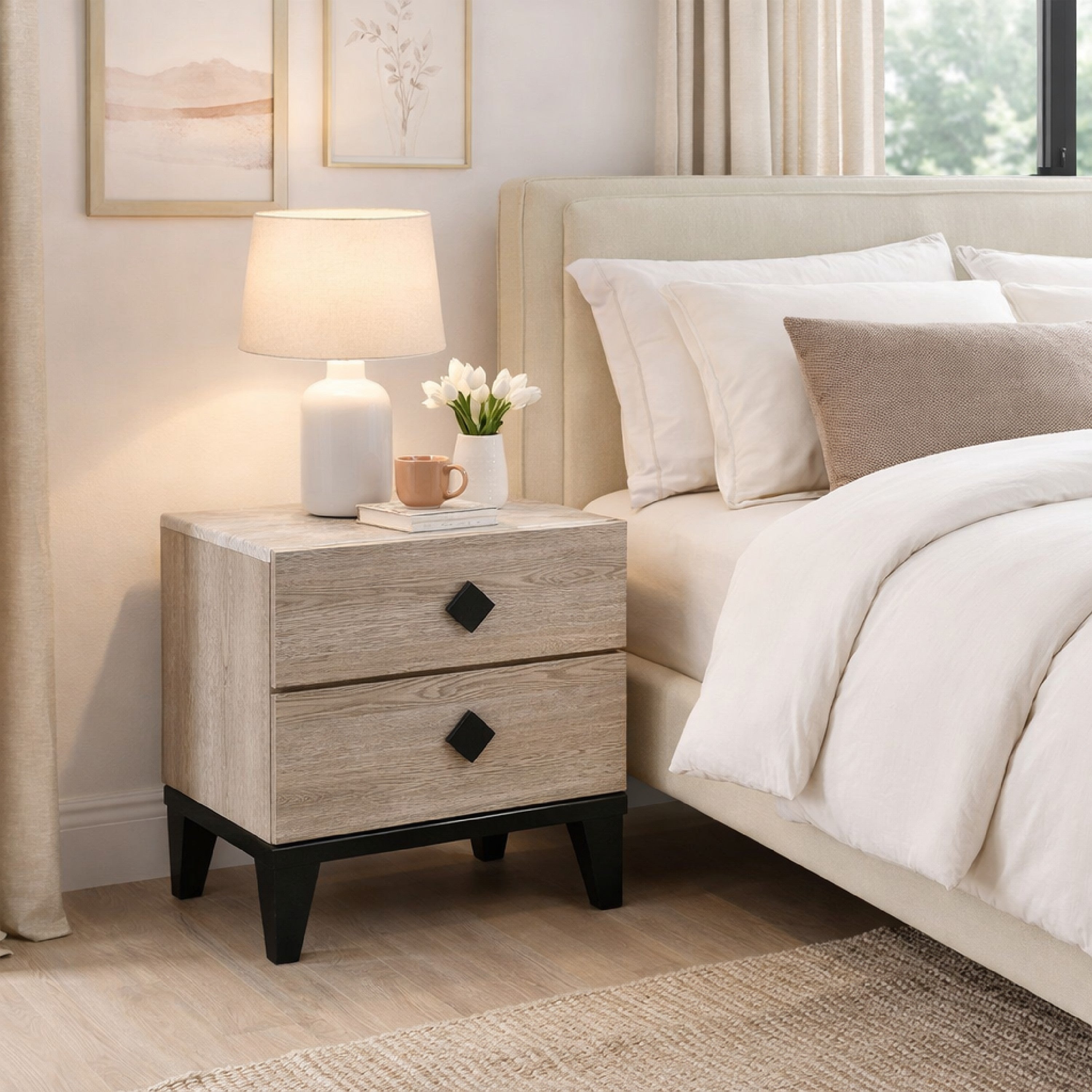 Benjara 2 Drawer Wooden Nightstand with Grains And Angled Legs, Cream