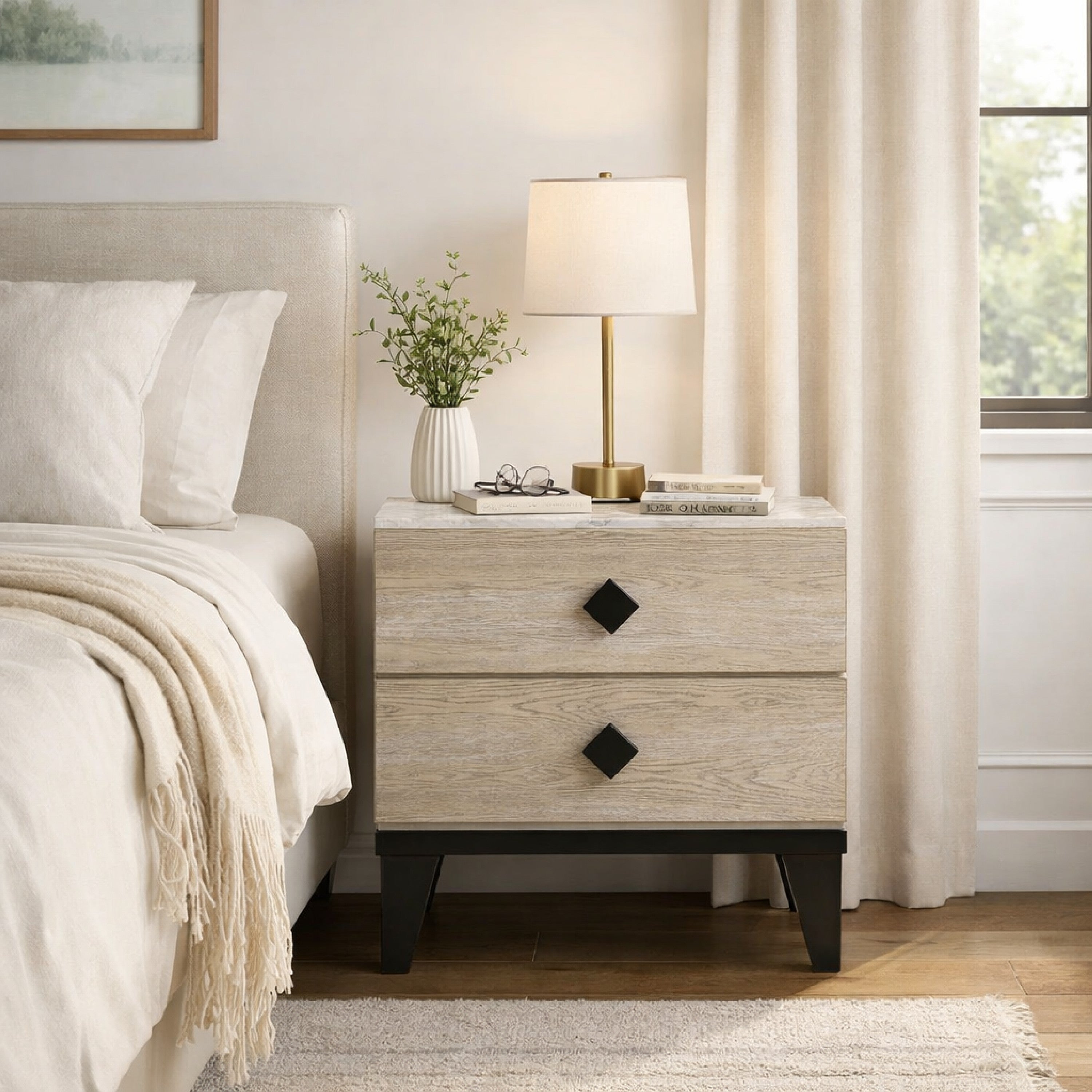 Benjara 2 Drawer Wooden Nightstand with Grains And Angled Legs, Cream