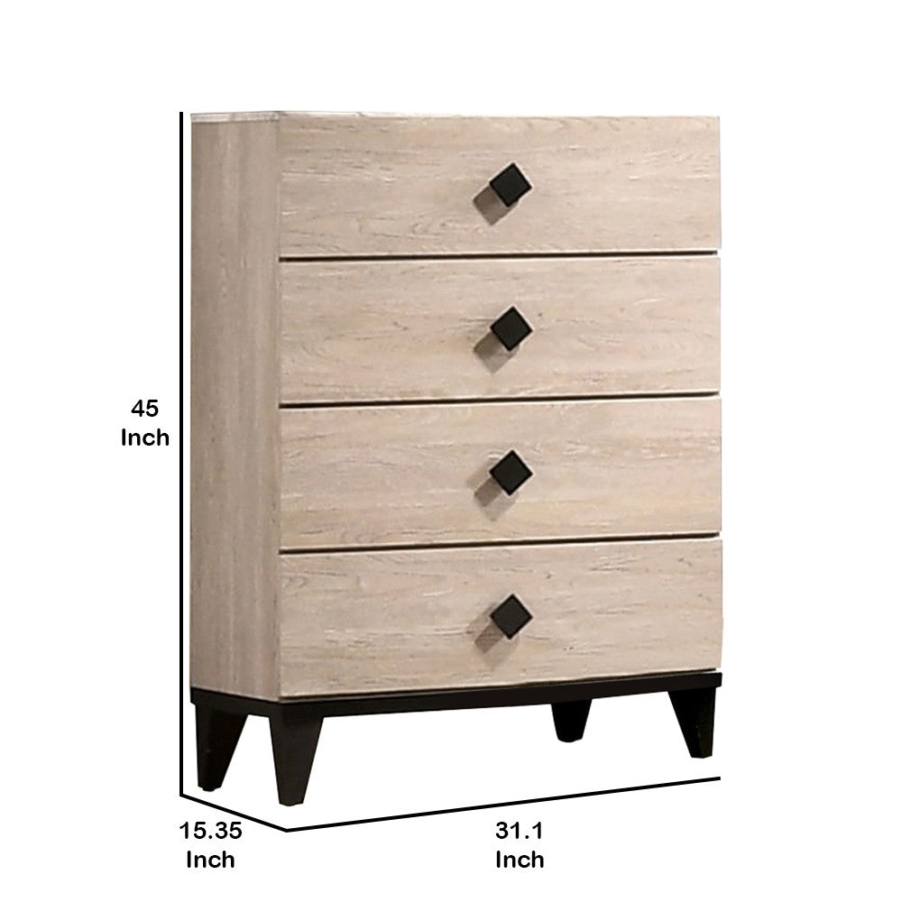 Benjara 4 Drawer Wooden Chest with Grains And Angled Legs, Cream