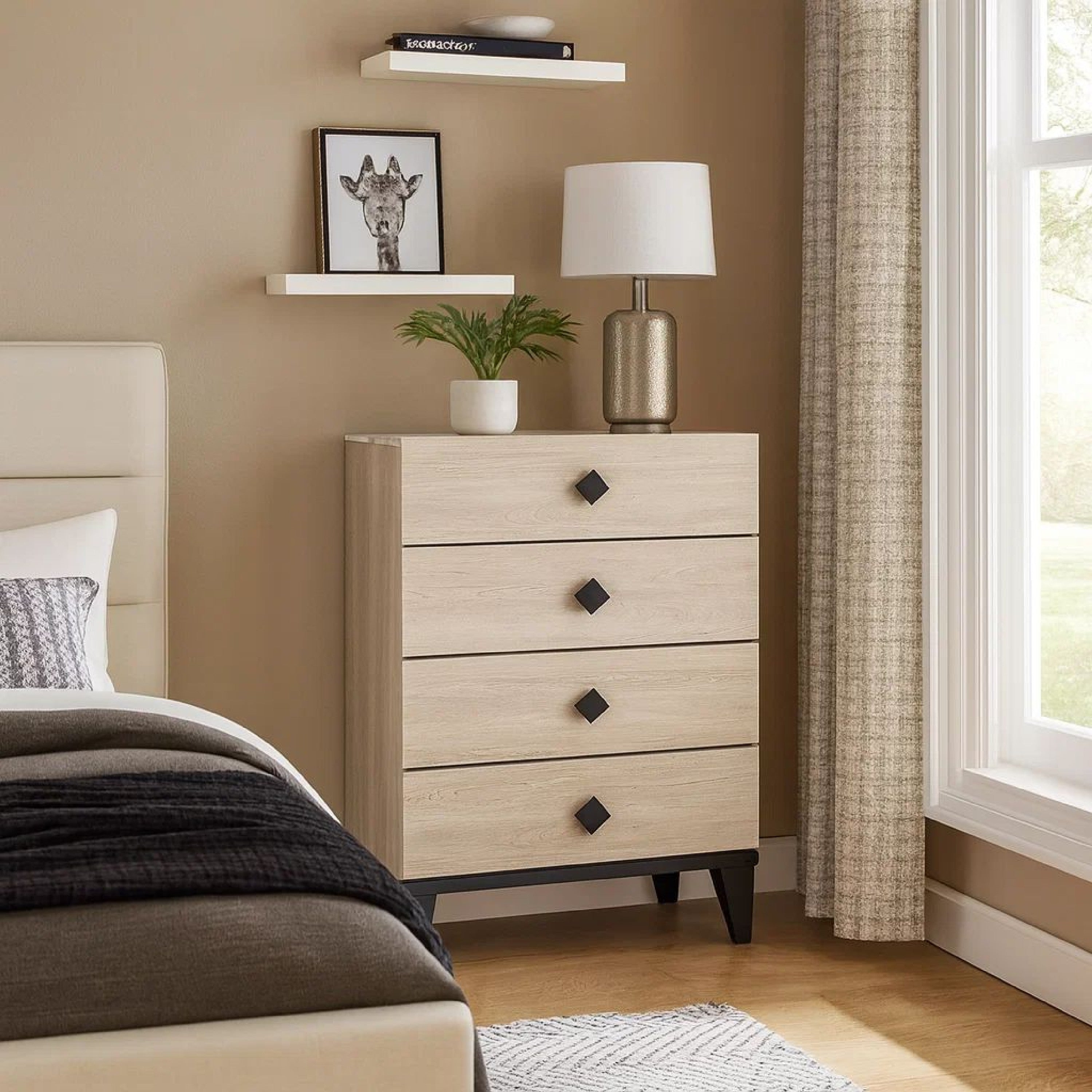 Benjara 4 Drawer Wooden Chest with Grains And Angled Legs, Cream