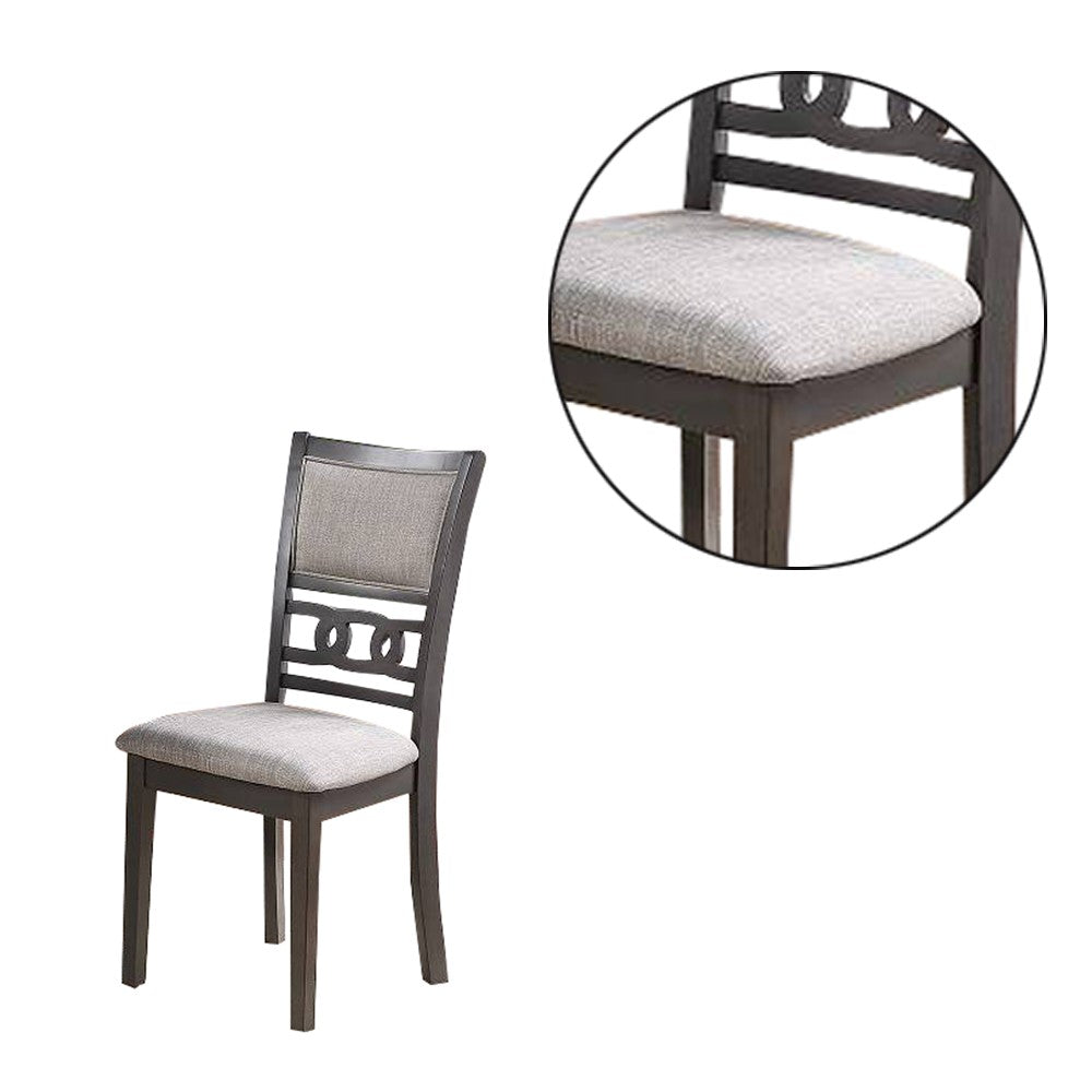 Benjara Fabric Upholstered Dining Chair with Panel Back, Knot Cut Outs, Set of 2, Gray