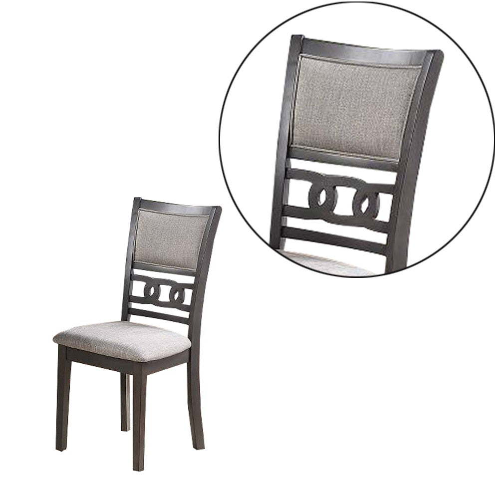 Benjara Fabric Upholstered Dining Chair with Panel Back, Knot Cut Outs, Set of 2, Gray
