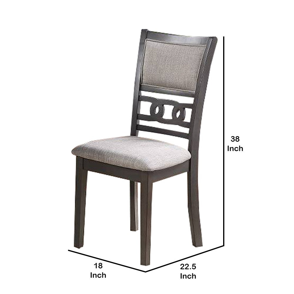 Benjara Fabric Upholstered Dining Chair with Panel Back, Knot Cut Outs, Set of 2, Gray