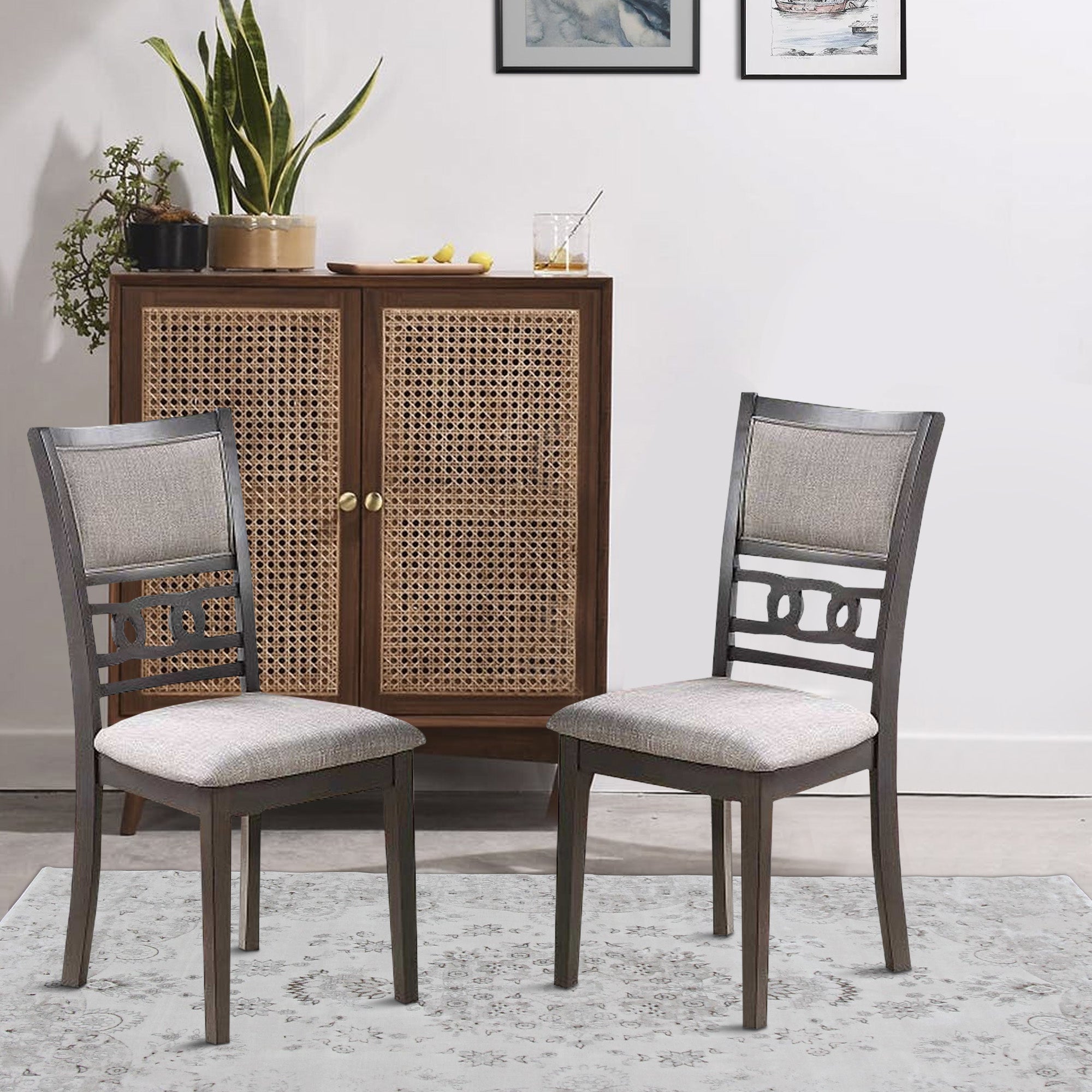 Benjara Fabric Upholstered Dining Chair with Panel Back, Knot Cut Outs, Set of 2, Gray