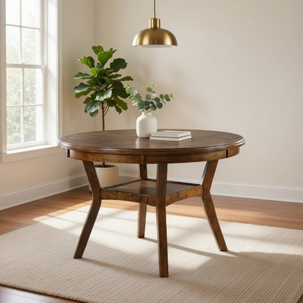 Benjara Round Top Wooden Dining Table with Boomerang Legs, Walnut Brown