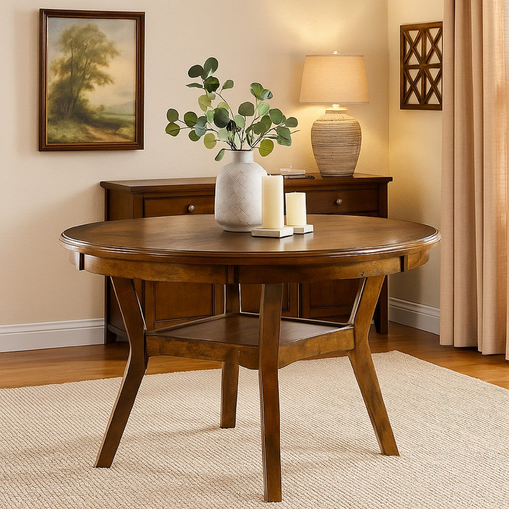 Benjara Round Top Wooden Dining Table with Boomerang Legs, Walnut Brown
